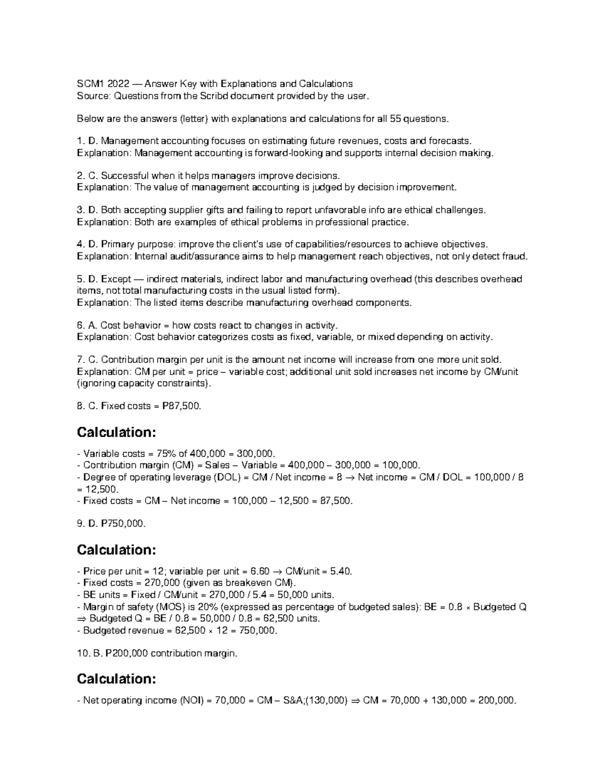 SCM1 2022 Final Exam Answer Key with Explanations and Calculations ...