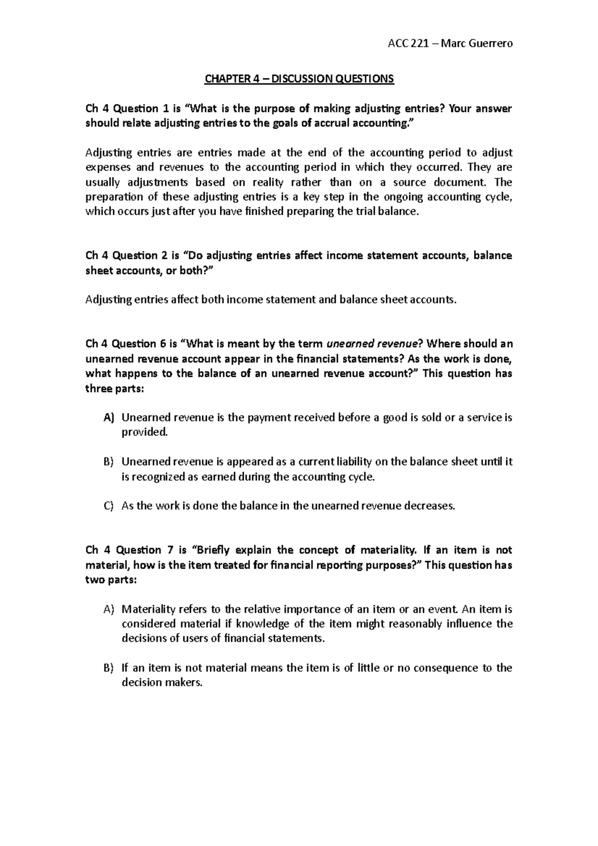 ACC 221 - Ch 4 Discussion Questions and Key Concepts Explained - Studocu