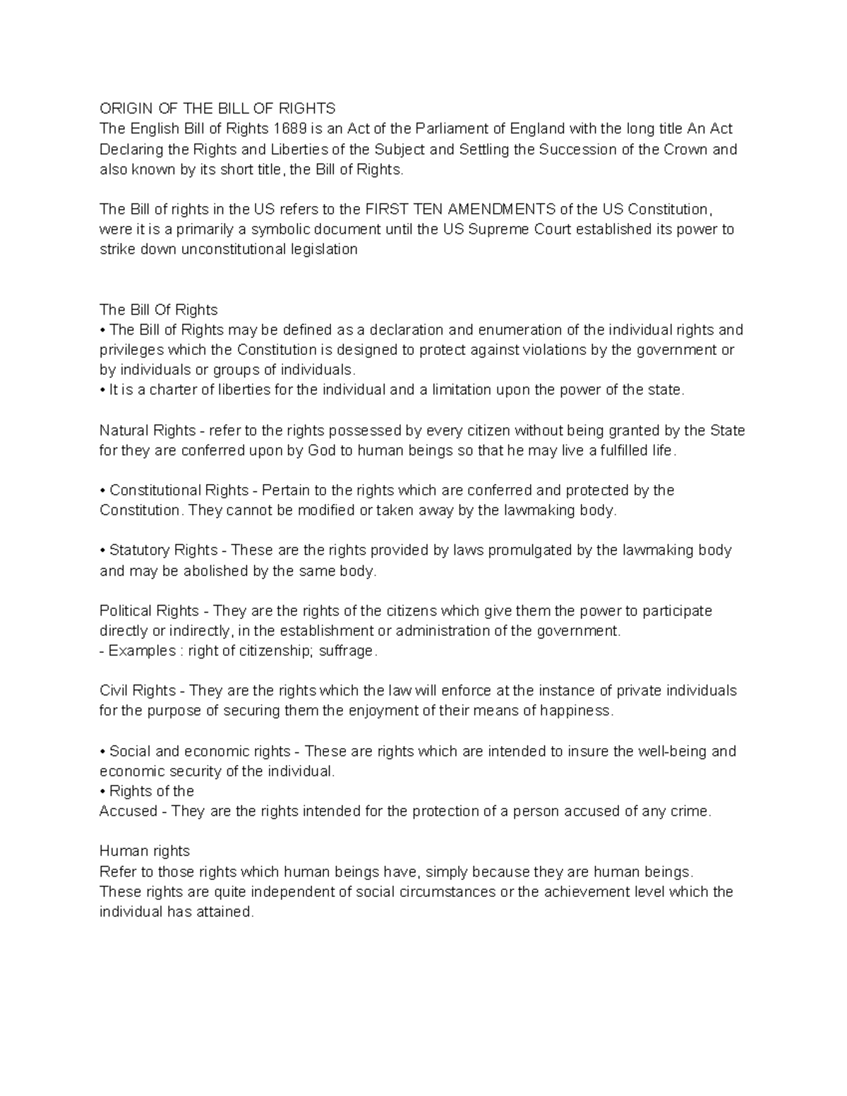 Consti 2 Reviewer JAN 30 - ORIGIN OF THE BILL OF RIGHTS The English ...