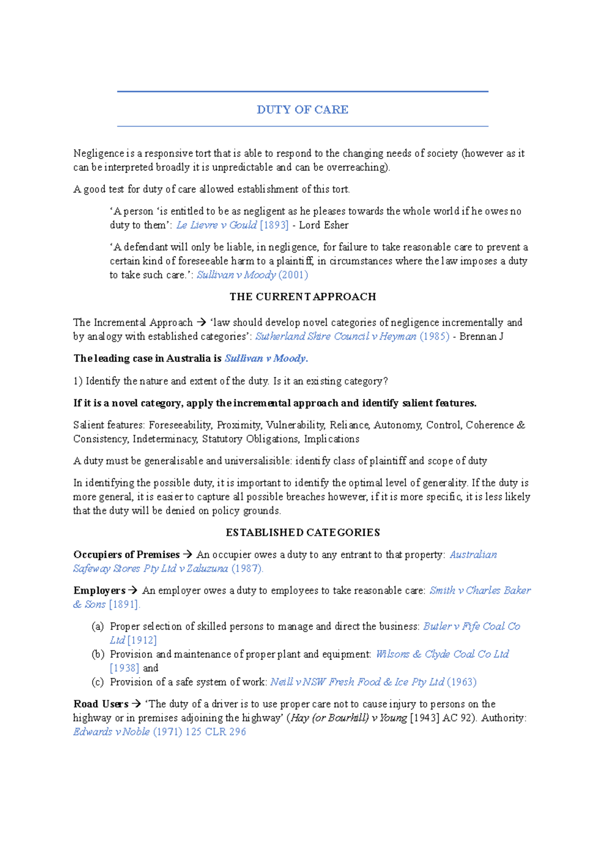 Duty of Care in Negligence: Key Principles and Case Summaries - Studocu