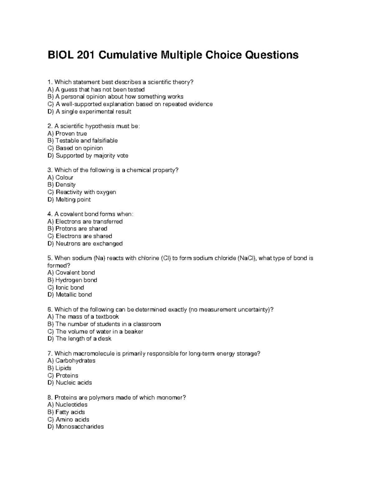 BIOL 201 Cumulative MCQ: Key Concepts and Questions - Studocu