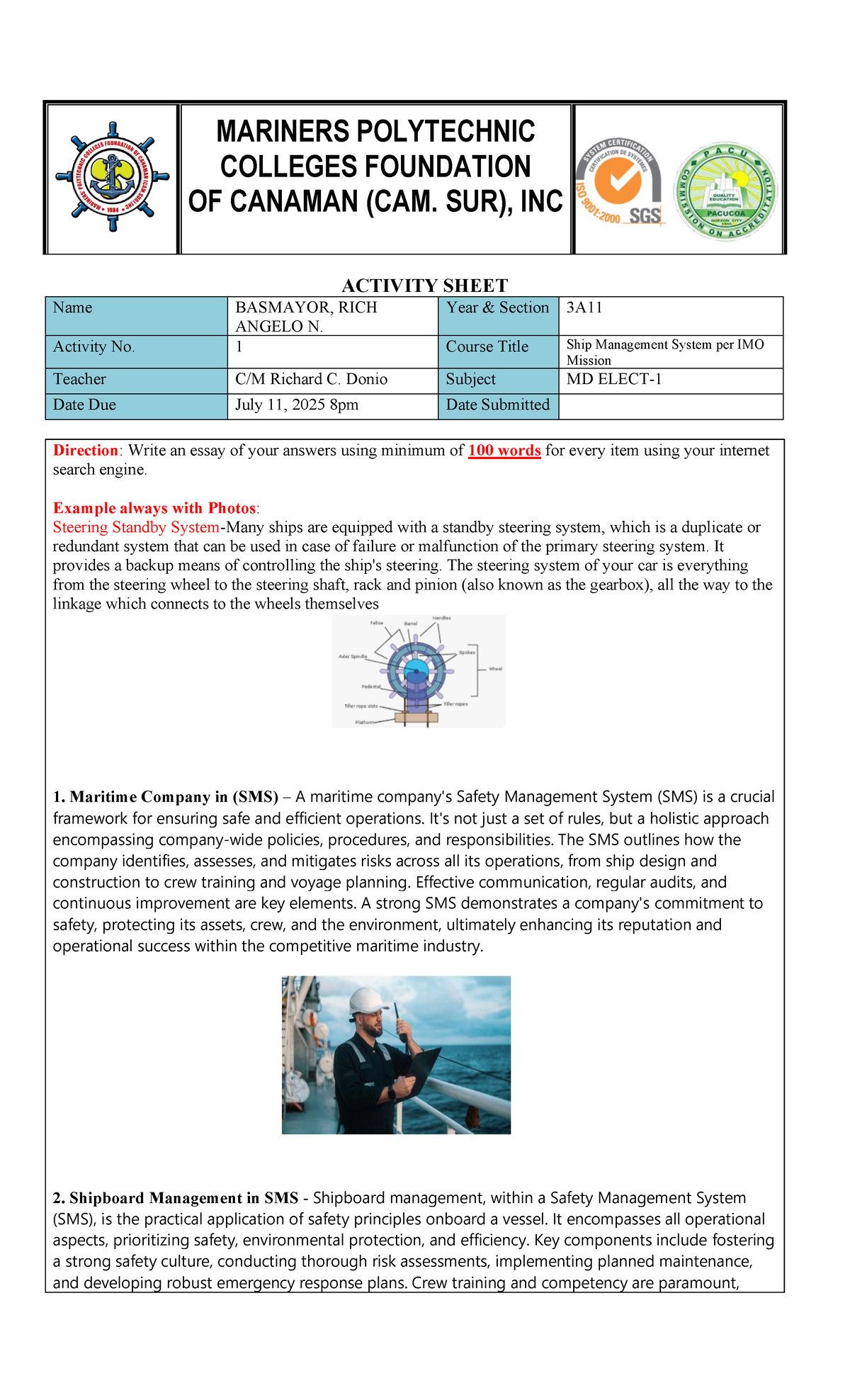 BASMAYOR Activity Sheet: Ship Management System Overview (MD) - Studocu