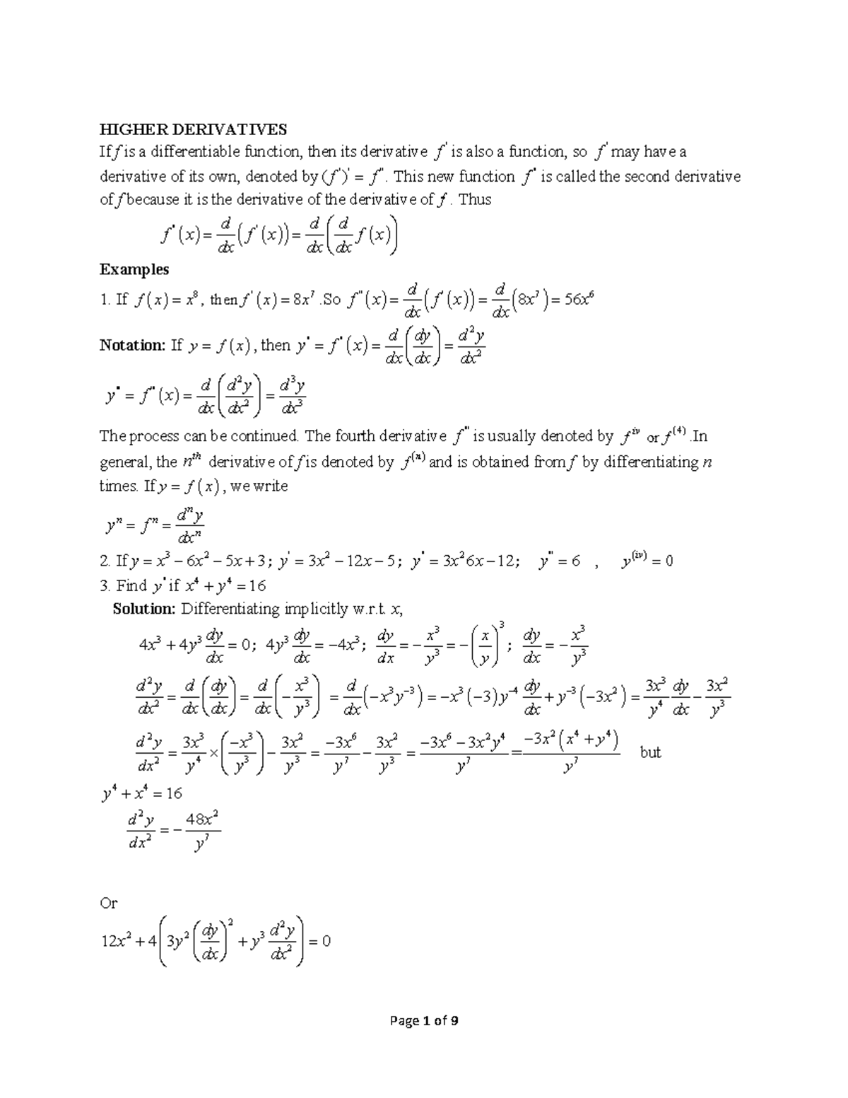 Higher Derivatives & Implicit Differentiation (MATH 101) - Studocu