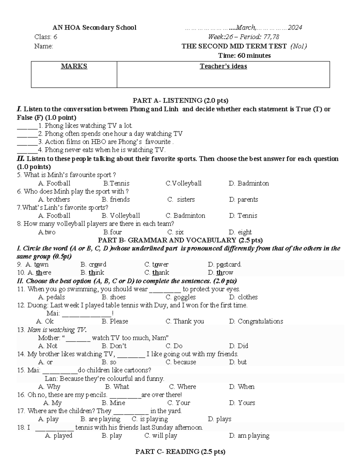 HA- Gb6 -KTGK 2 - 2324 - Second Midterm Test for Grade 6 - Studocu