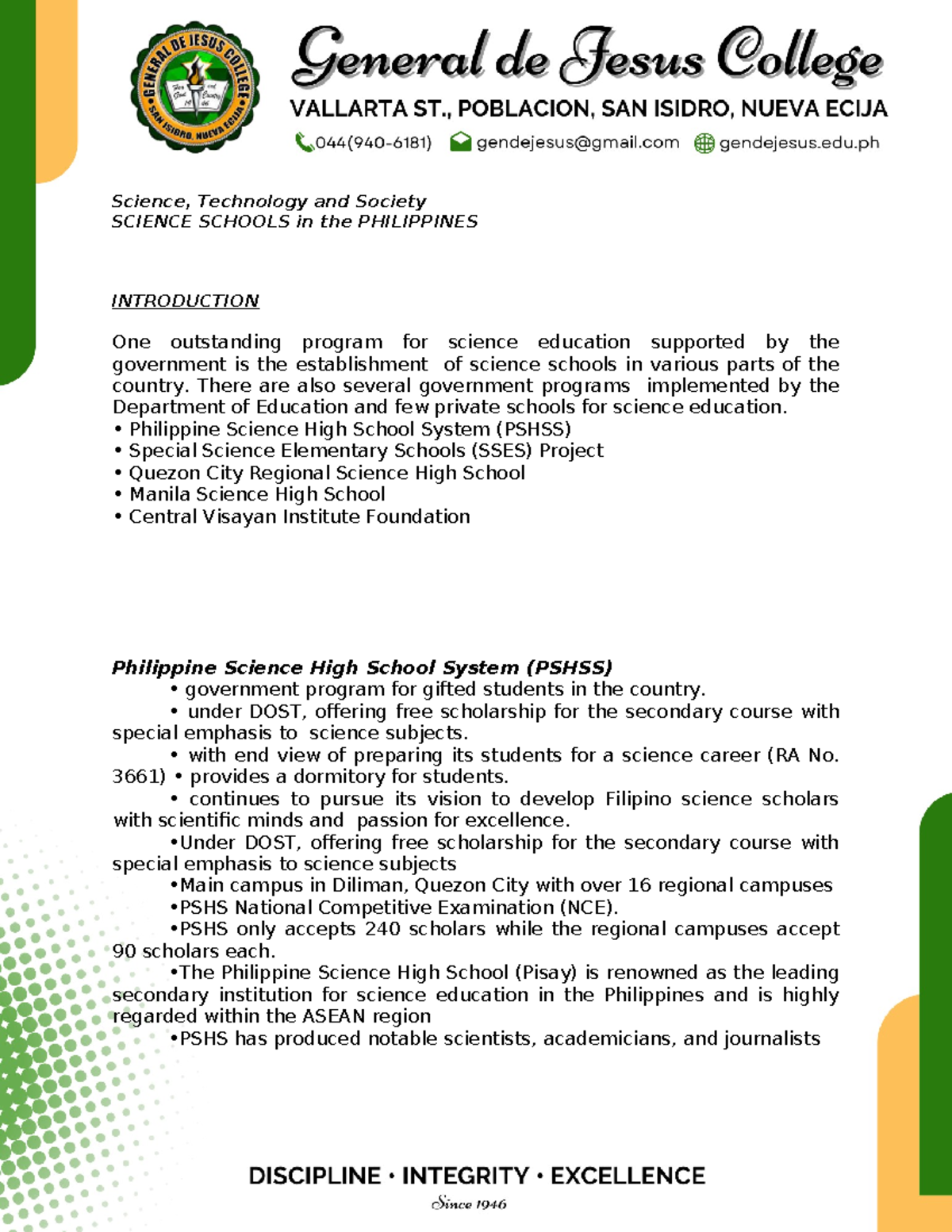 SCIENCE 101: Overview of Science Schools in the Philippines - Studocu