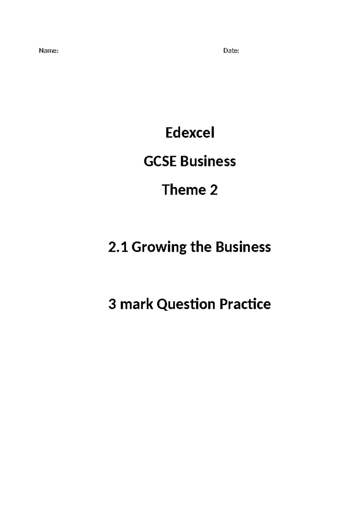 Edexcel GCSE Business Theme 2: 2.1 Growing the Business Exam Practice ...