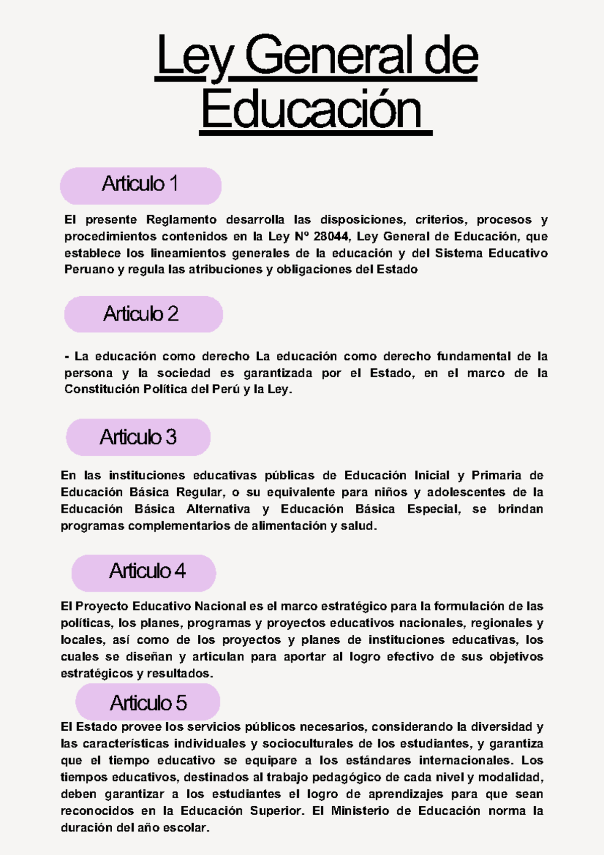 Resumen de Artículos Clave - Reglamento Ley General de Educación - Studocu