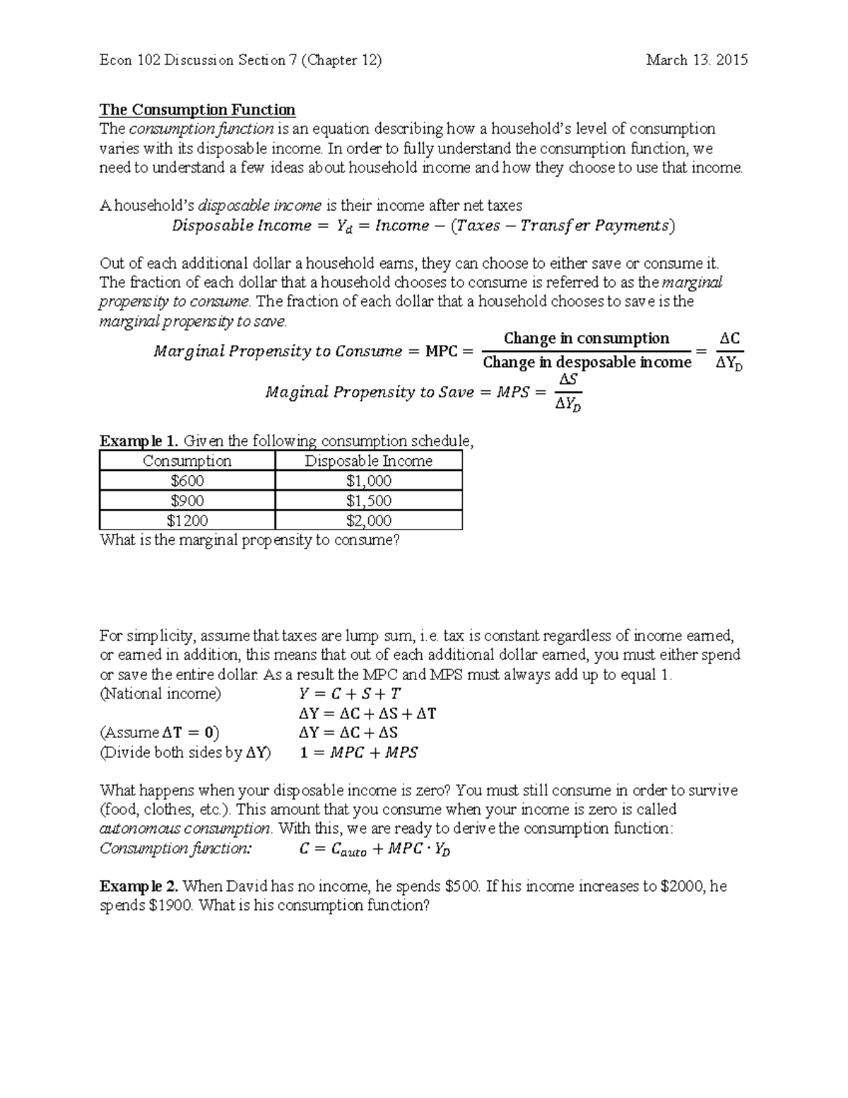 Econ 102 Discussion Section 7: Consumption Function & Aggregate ...