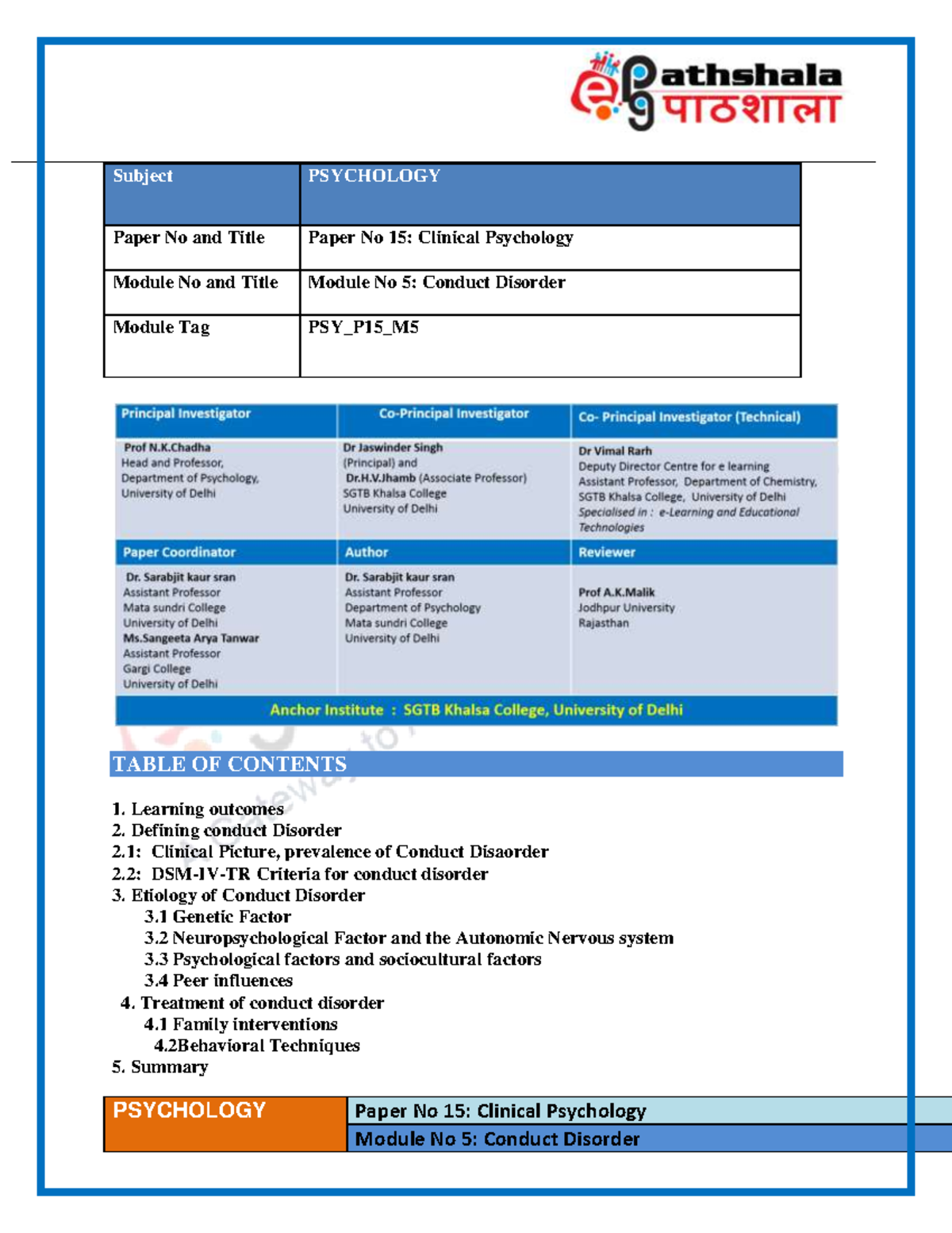 The Conduct Disorder. - PSYCHOLOGY Paper No 15: Clinical Psychology ...