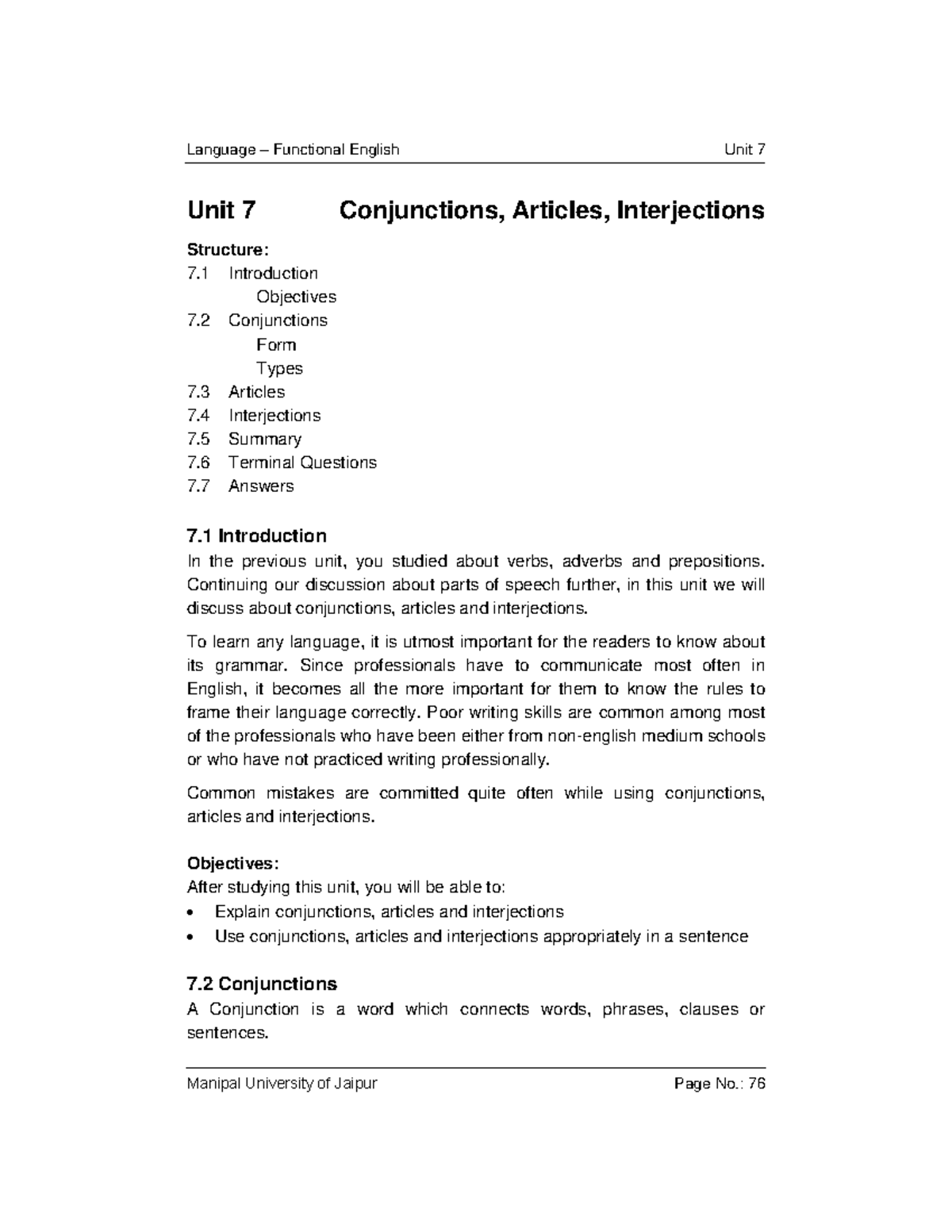 Unit 7: Understanding Conjunctions, Articles & Interjections - Studocu