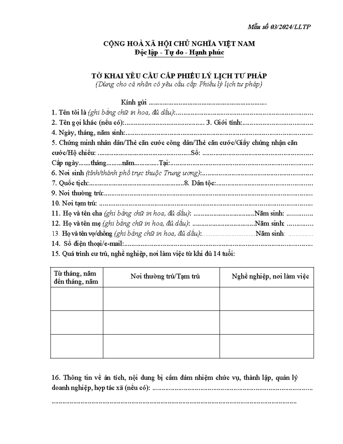 1720639981 Mẫu số 03/2024 LLTP - Tờ Khai Cấp Phiếu Lý Lịch Tư Pháp ...