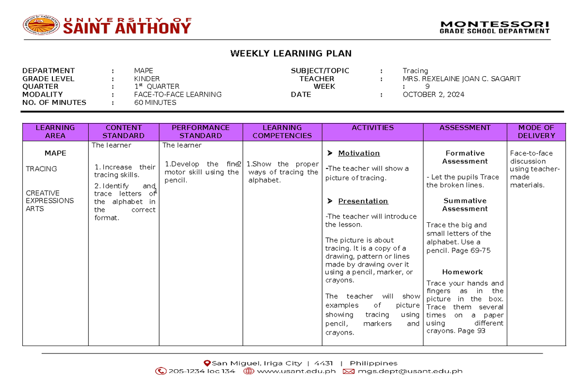 9 Weekly-Plan - lesson plan - WEEKLY LEARNING PLAN DEPARTMENT : MAPE ...