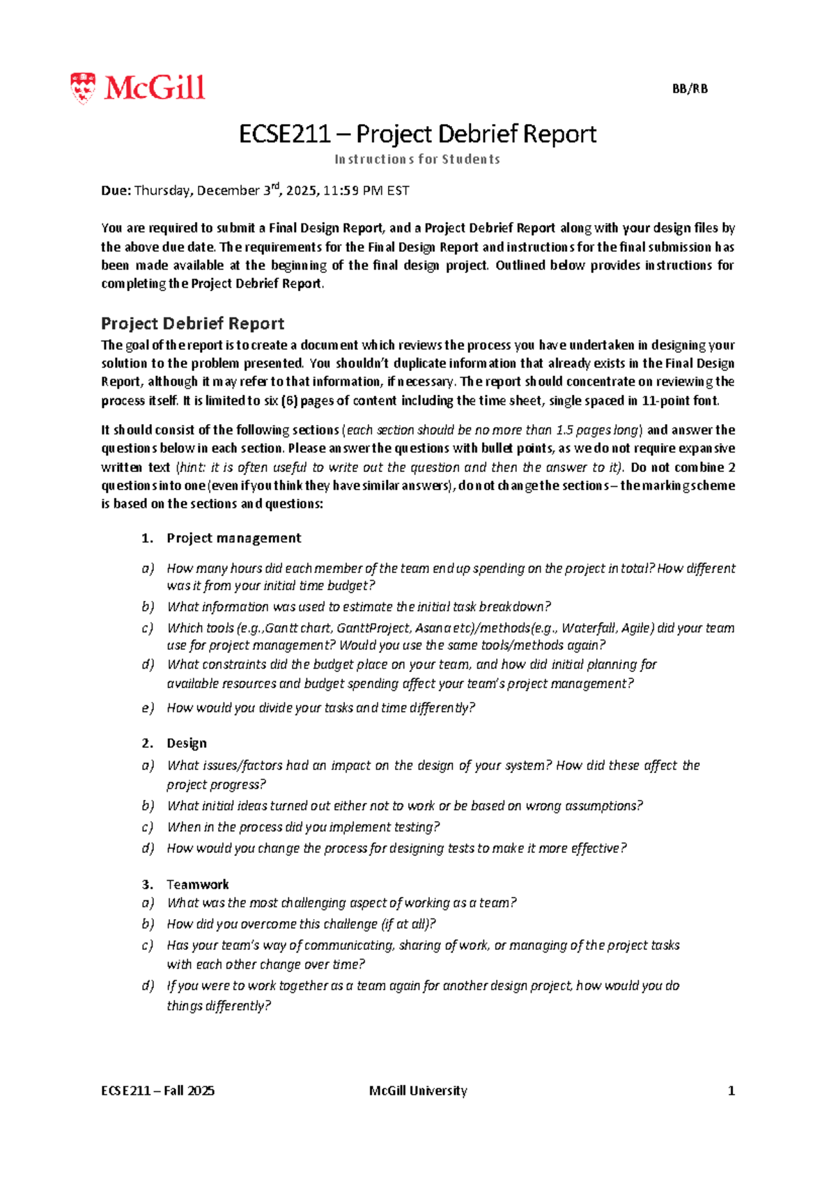 ECSE211 F2025 Final Project Debrief Report Guidelines - Studocu