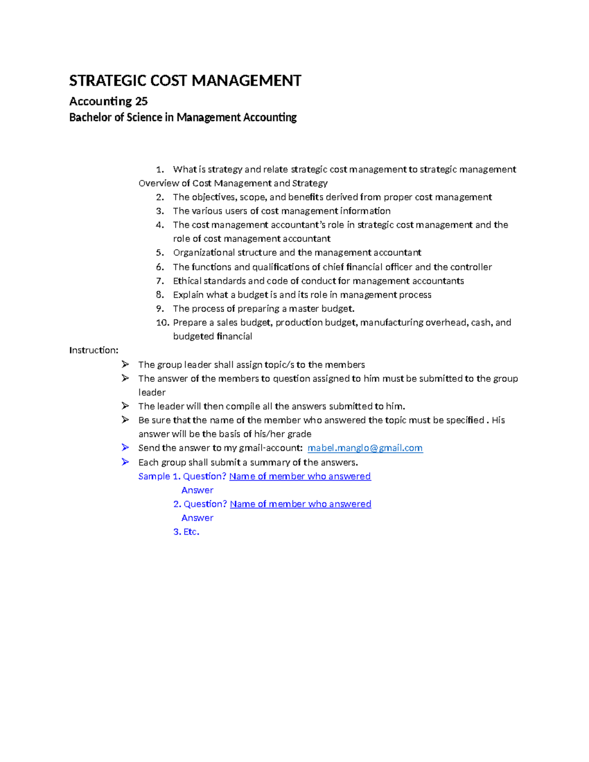 SCM-Acvtivity - N/A - STRATEGIC COST MANAGEMENT Accounting 25 Bachelor ...