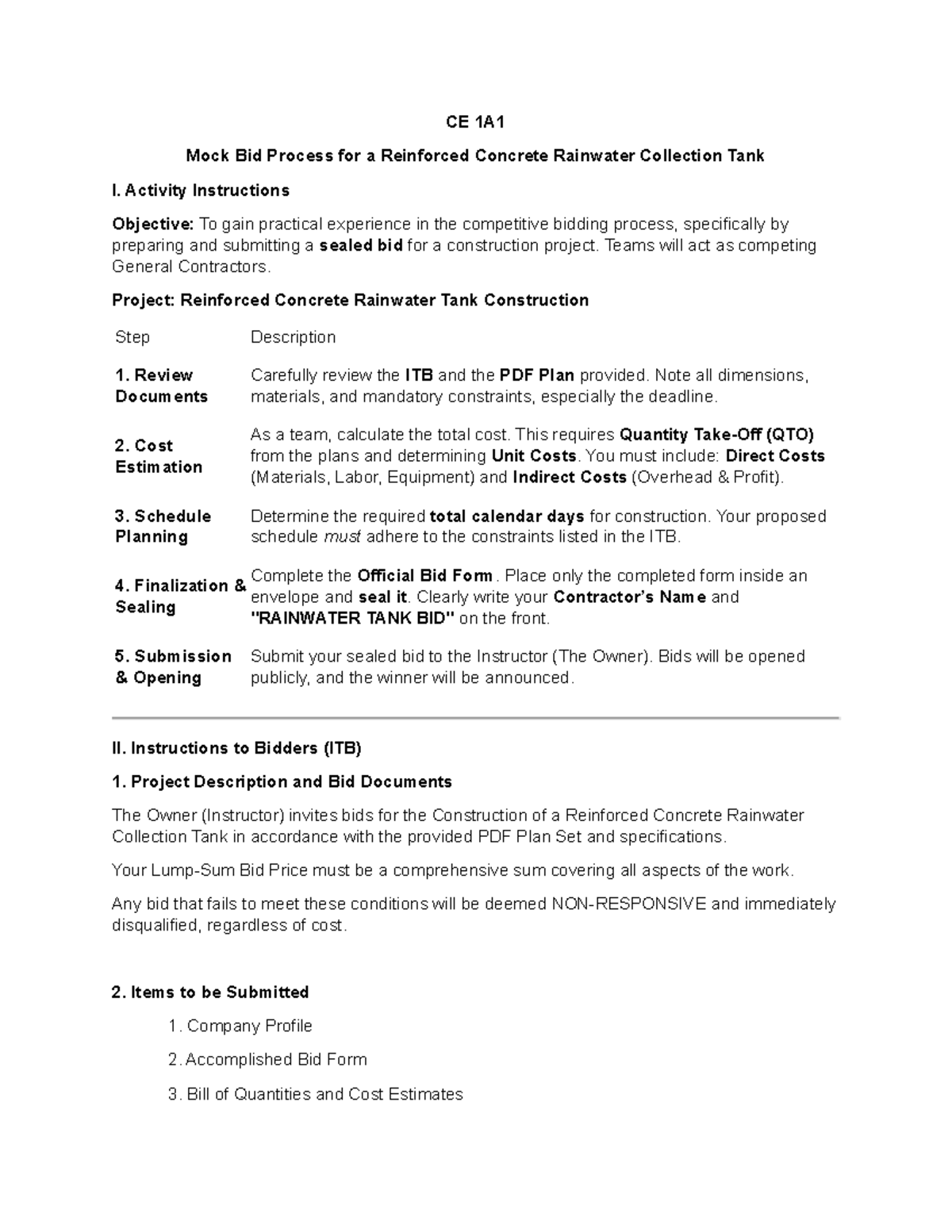 CE 1A1 Mock Bid Activity for Reinforced Concrete Tank Construction ...