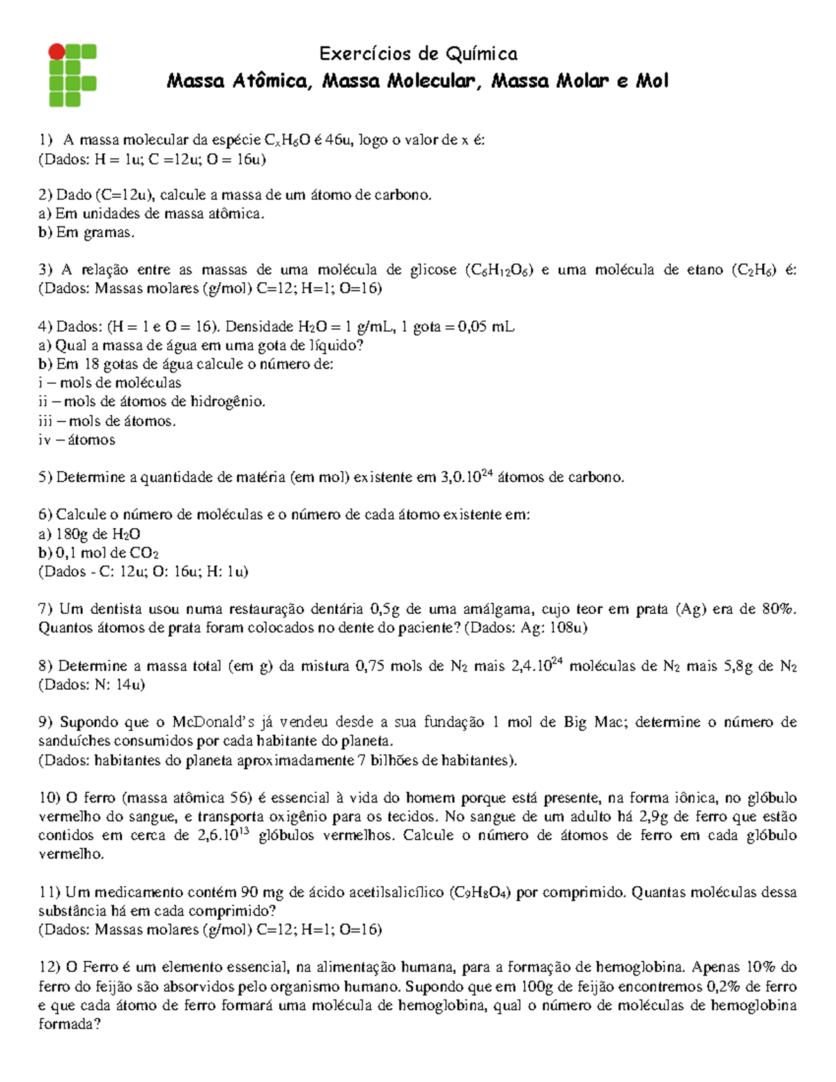 Exercícios de Química com Gabarito - MOL 2023 - Studocu