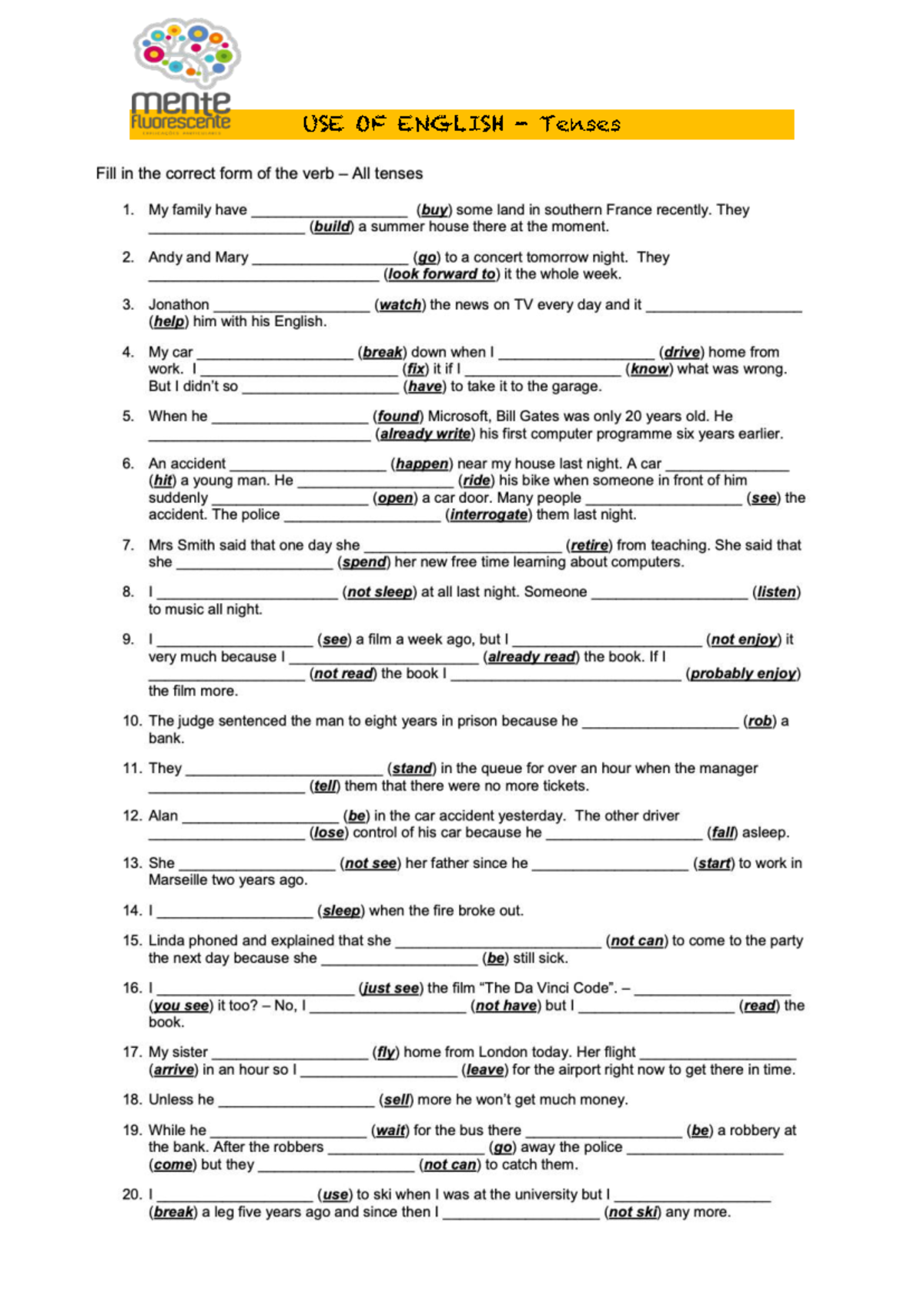 UE C2 tenses - fill in the correct verb forms for all tenses - Studocu