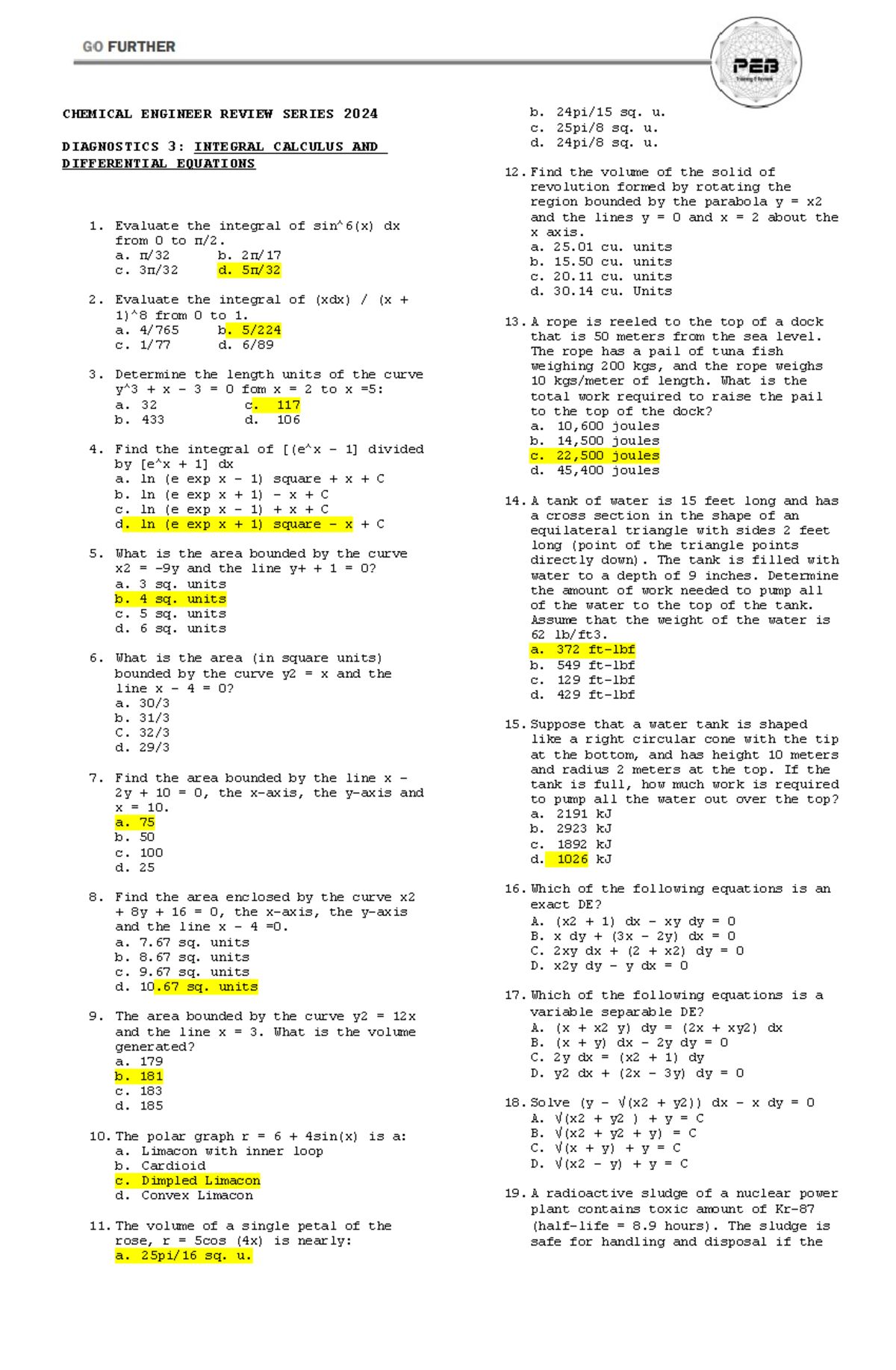 RCHE DIAG 3- Integral Calculus + DE - CHEMICAL ENGINEER REVIEW SERIES ...