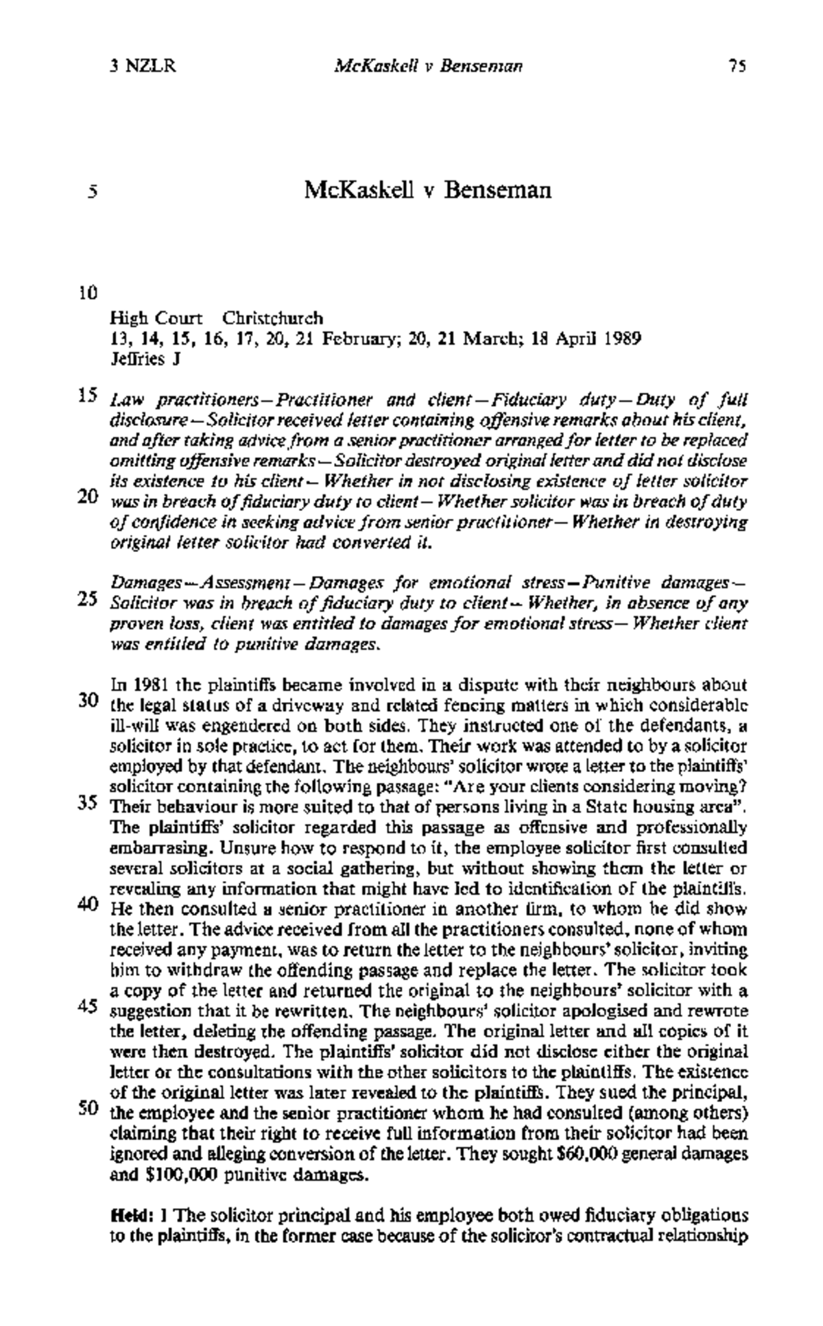 McKaskell v Benseman: High Court Case Analysis (NZLR) - Studocu