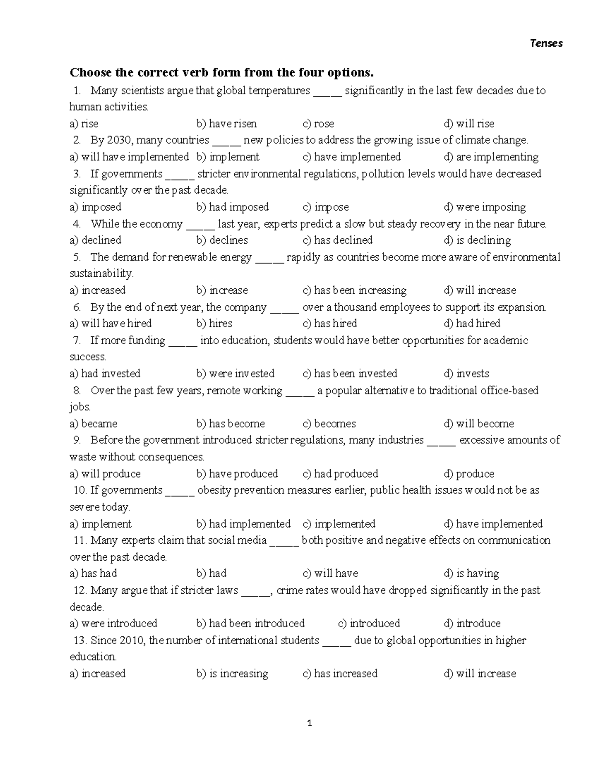 Tenses Quiz: Choose the Correct Verb Form for Students - Studocu