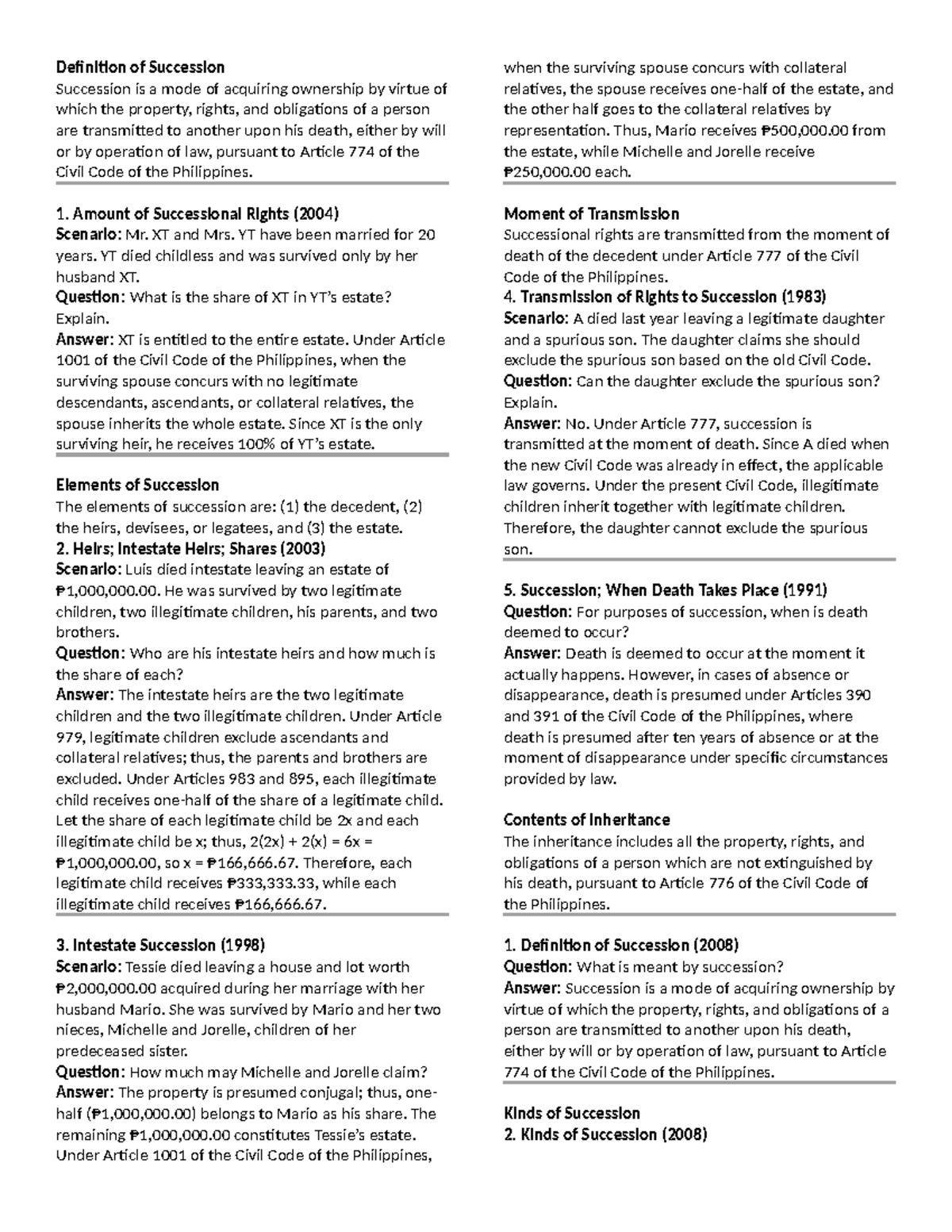 Bar Questions on Succession (Arts. 774-959) - Studocu