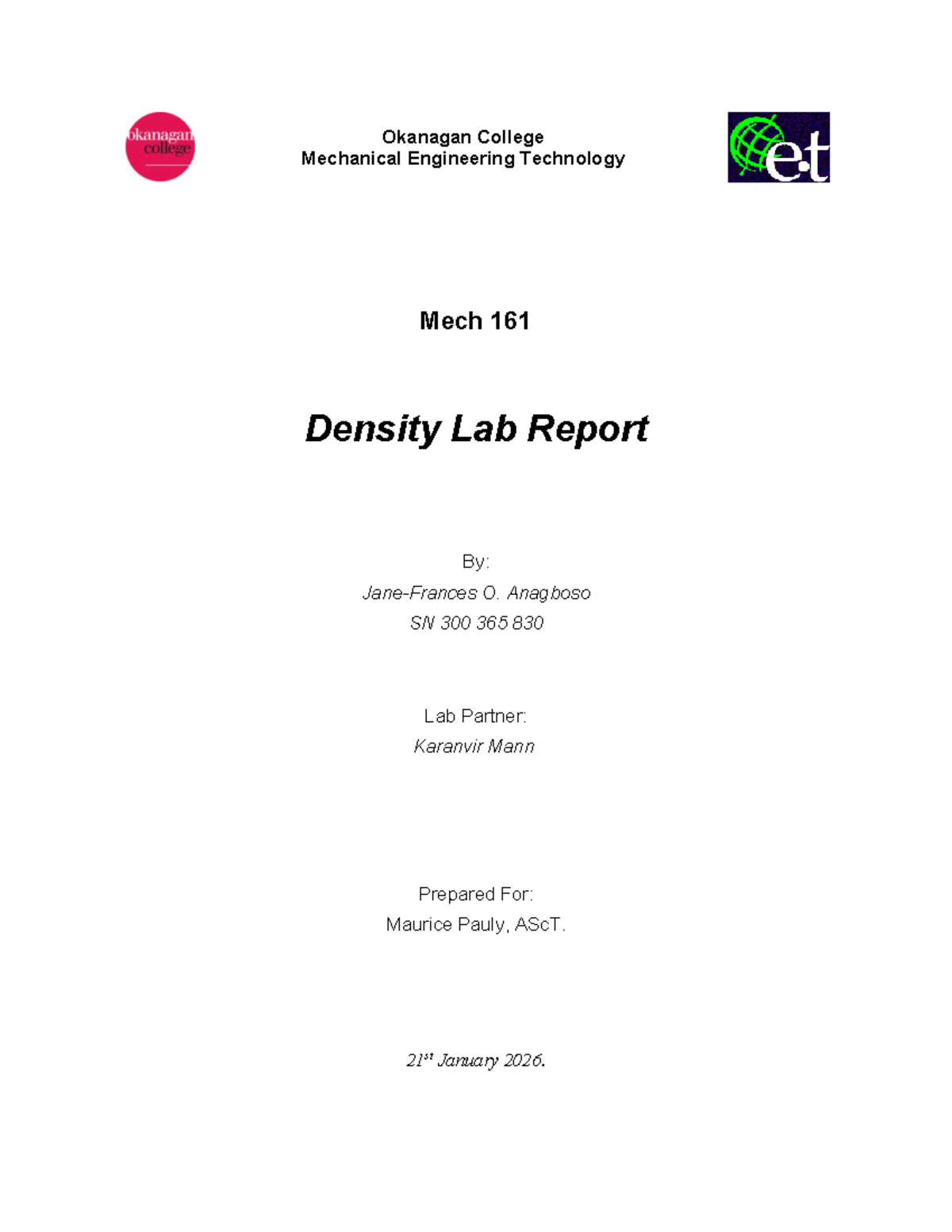 Mech 161 Density Lab Report: Hydrometer Measurements & Analysis - Studocu
