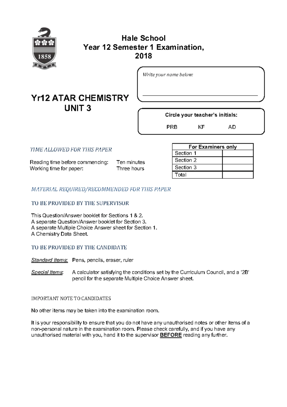 2016 Semester 1 Chemistry ATAR Exam Booklet Answers - Studocu