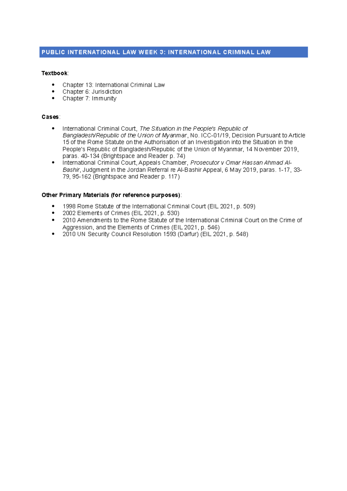 PIL Week 3 Lecture Notes: International Criminal Law Overview - Studeersnel