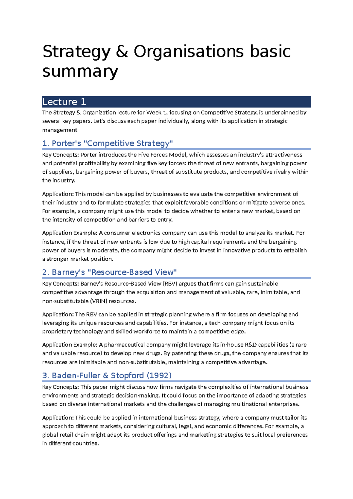 Strategy & Organisation Lecture Summary: Key Concepts & Applications ...