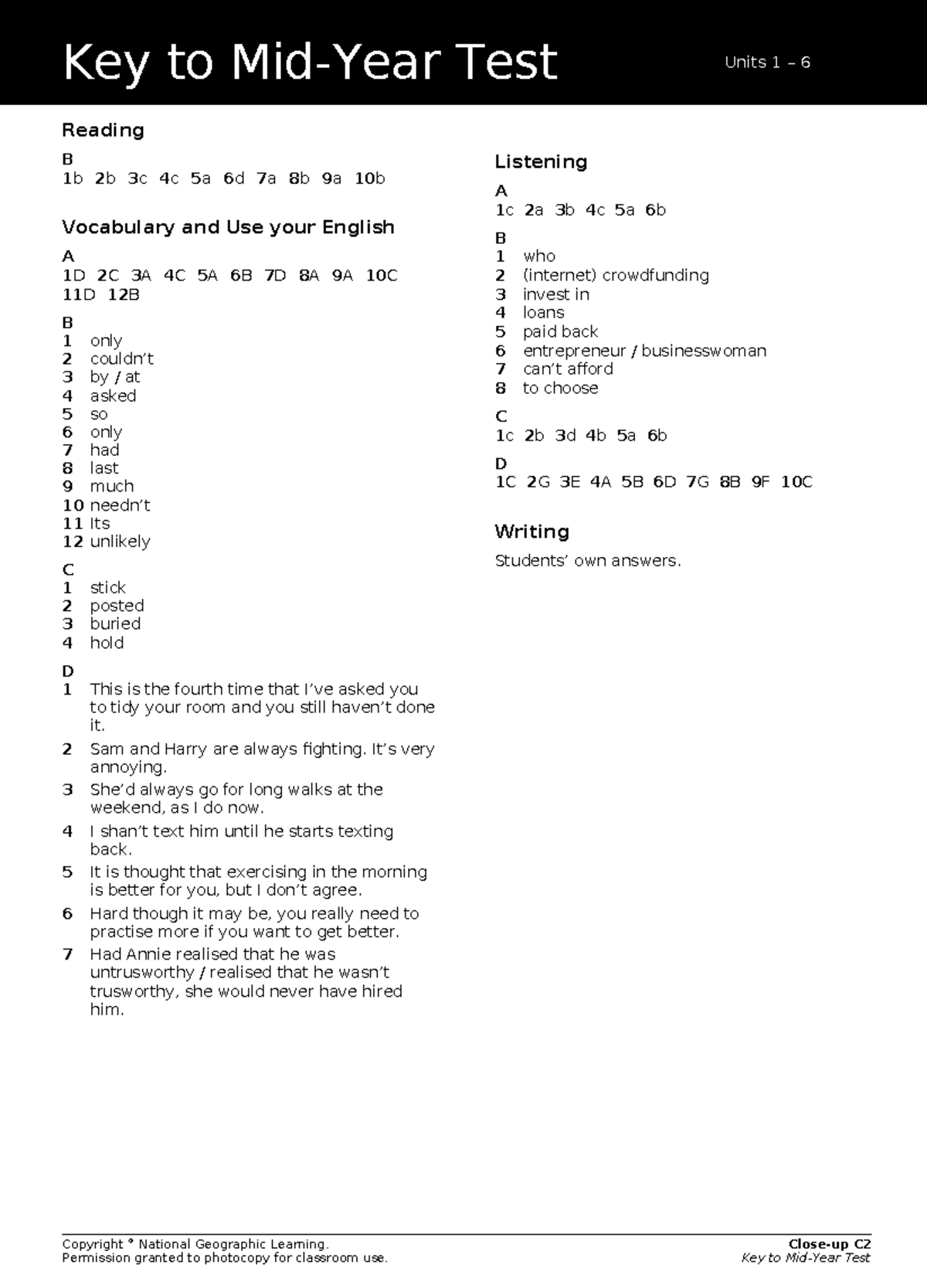 C2 Editable Mid-Year Test Key: Units 1-6 Answers and Vocabulary - Studocu