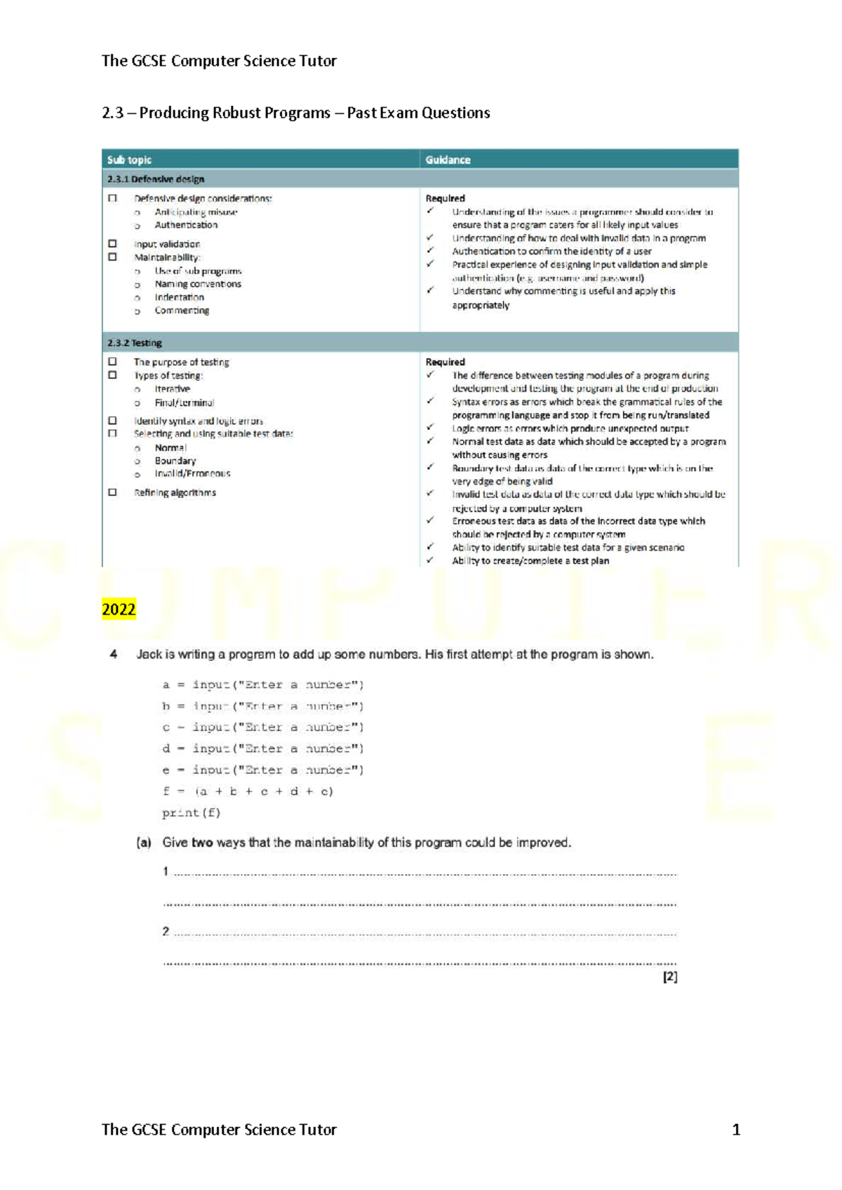 GCSE Computer Science 2.3 Producing Robust Programs Past Exam Qs 2022 ...