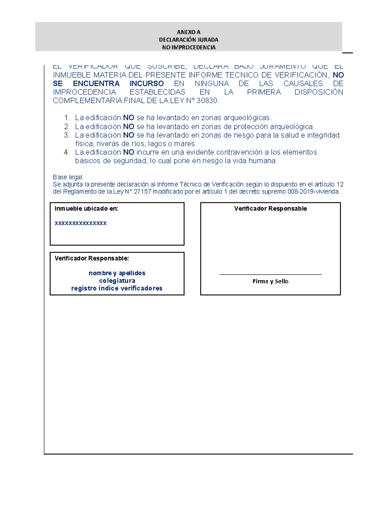 Declaración Jurada de Verificador según Ley N° 30830 - Informe Técnico - Document Preview