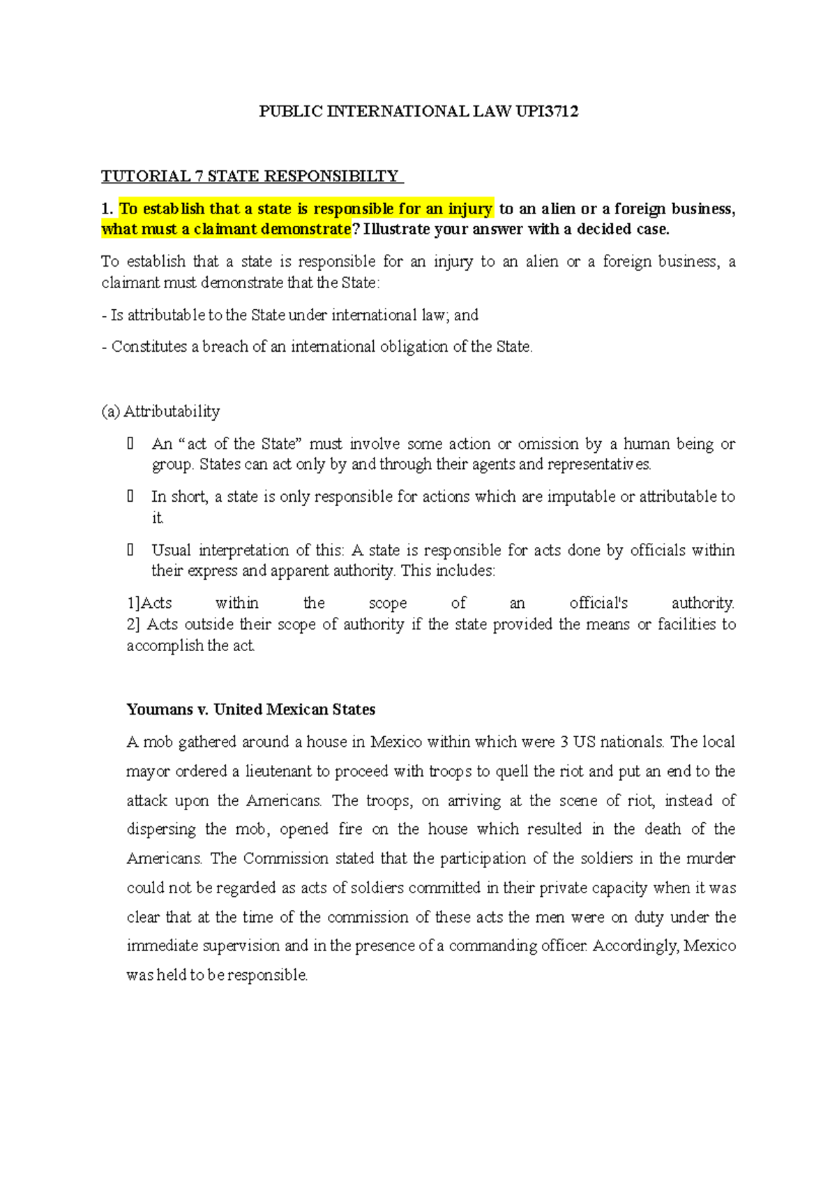 384466 PIL TUT 7 - Analyzing State Responsibility in International Law ...