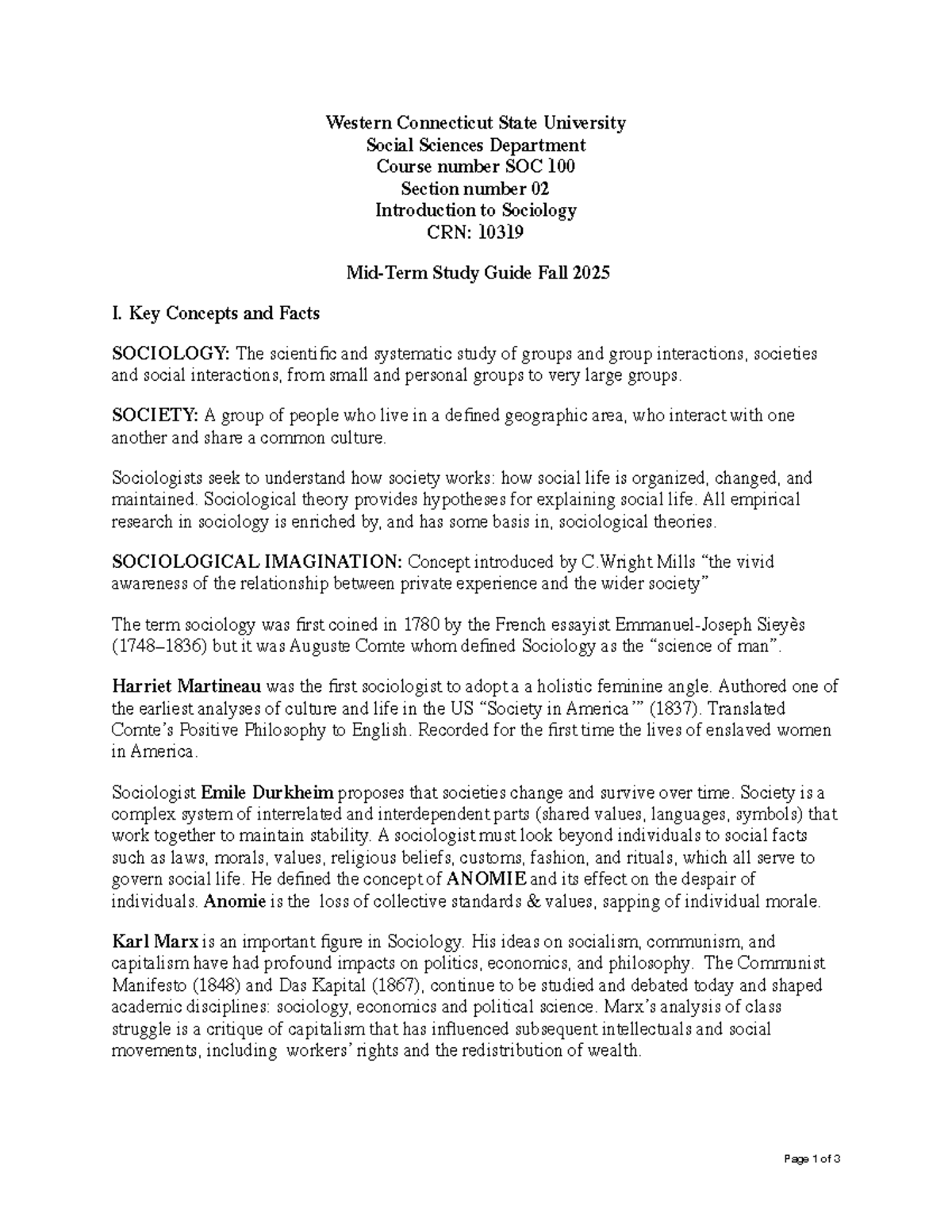 SOC 100 Mid-Term Study Guide: Key Concepts in Sociology (Fall 2025 ...