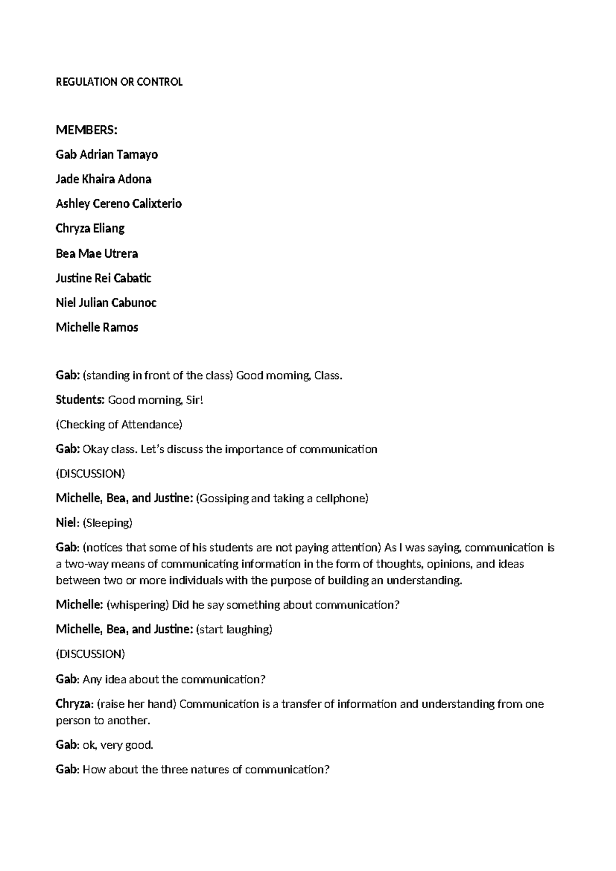 Regulation OR Control Script - REGULATION OR CONTROL MEMBERS: Gab ...