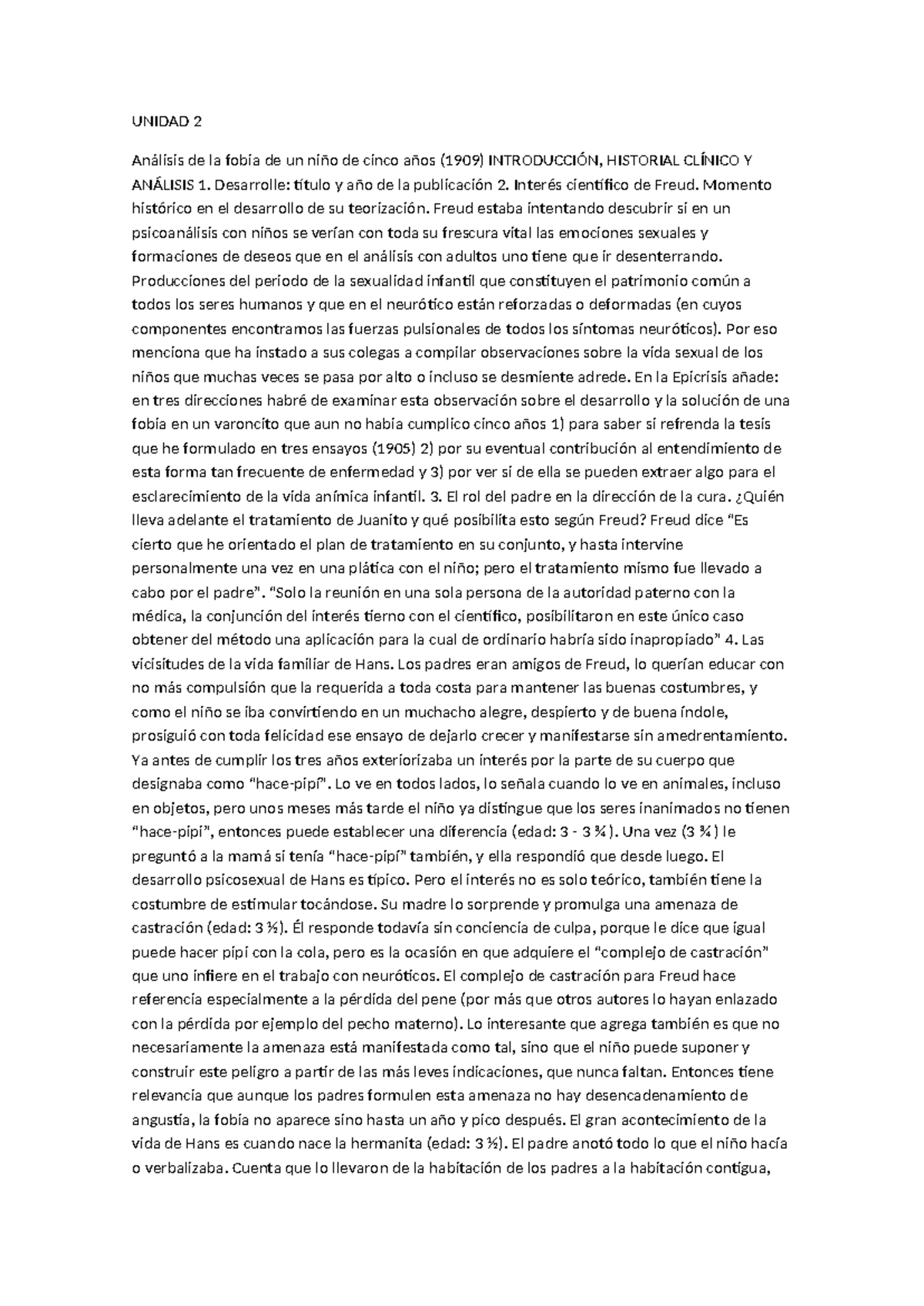 UNIDAD 2: Análisis de la Fobia en el Caso de Juanito (1909) - Studocu