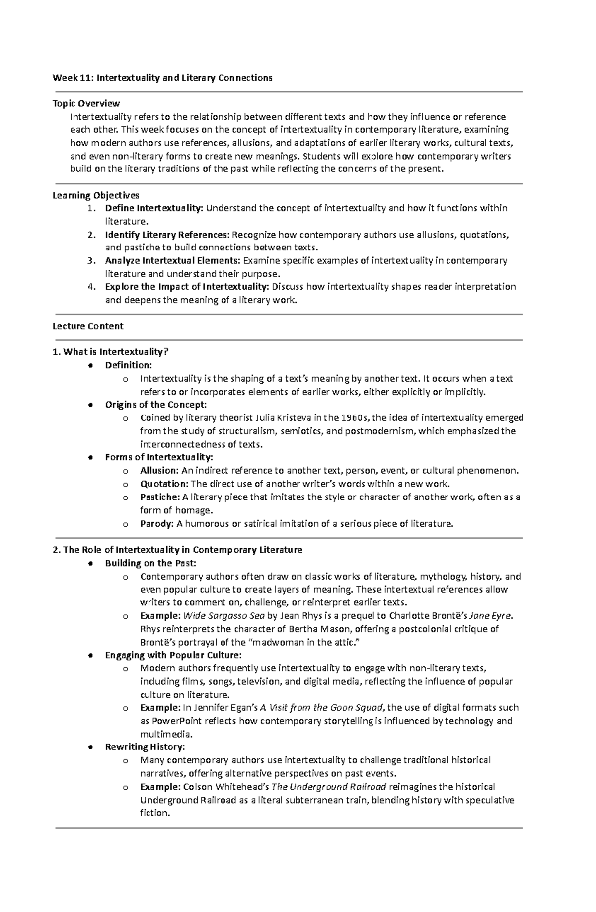 WEEK 11: Intertextuality in Contemporary Literature Overview - Studocu