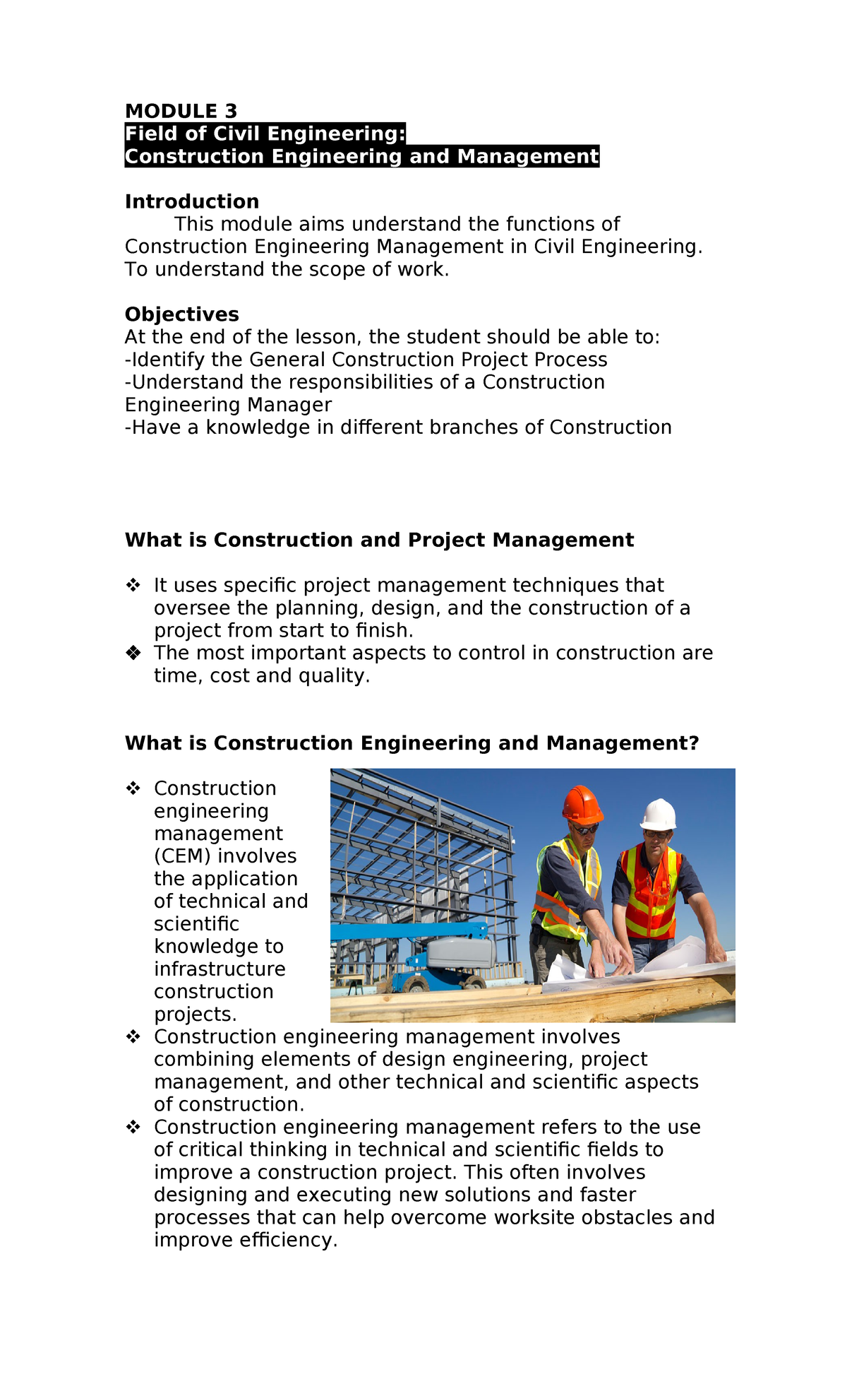 CIVIL ENG 101: Module 3 - Construction Engineering & Management ...