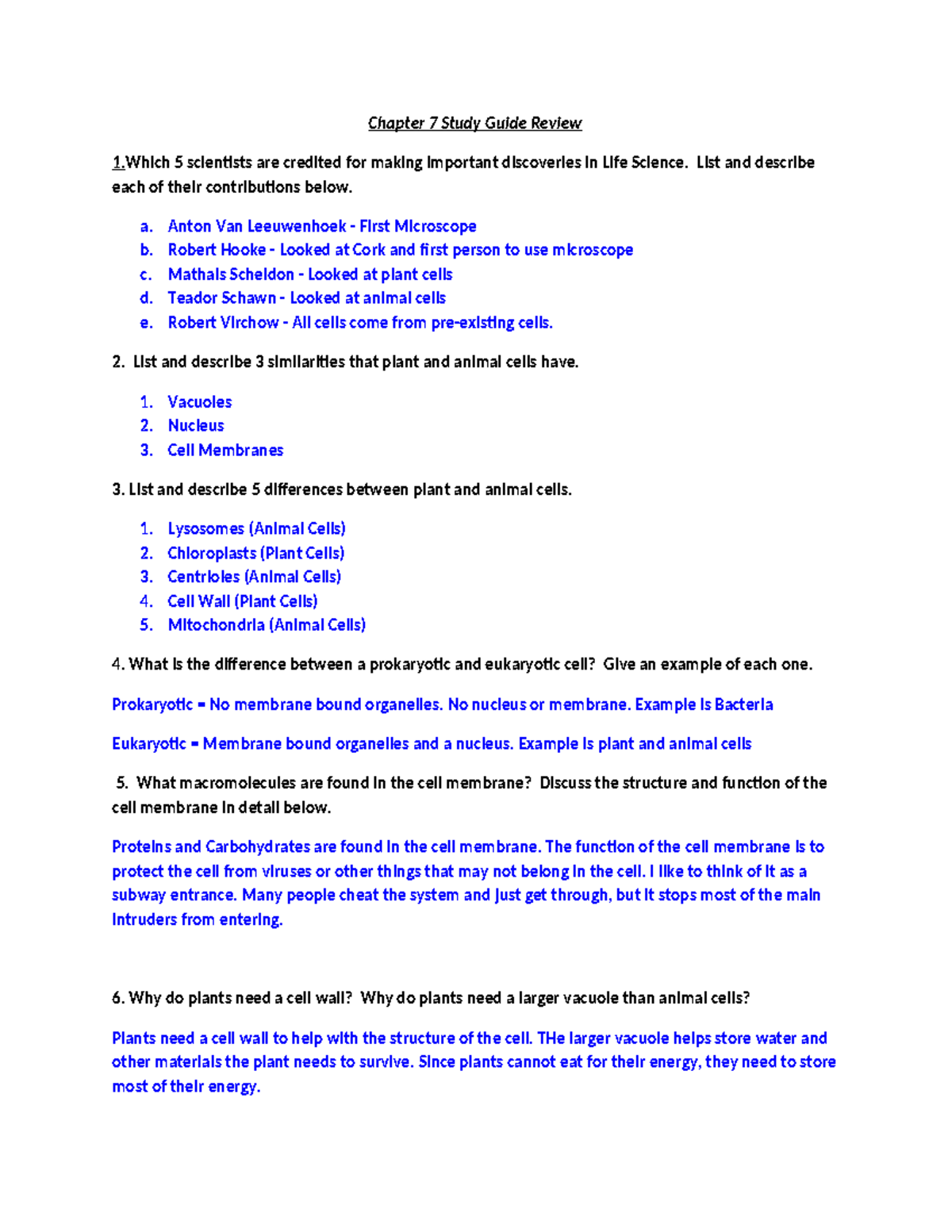 Chapter 7 Study Guide: Life Science Cell Structure & Functions Review ...