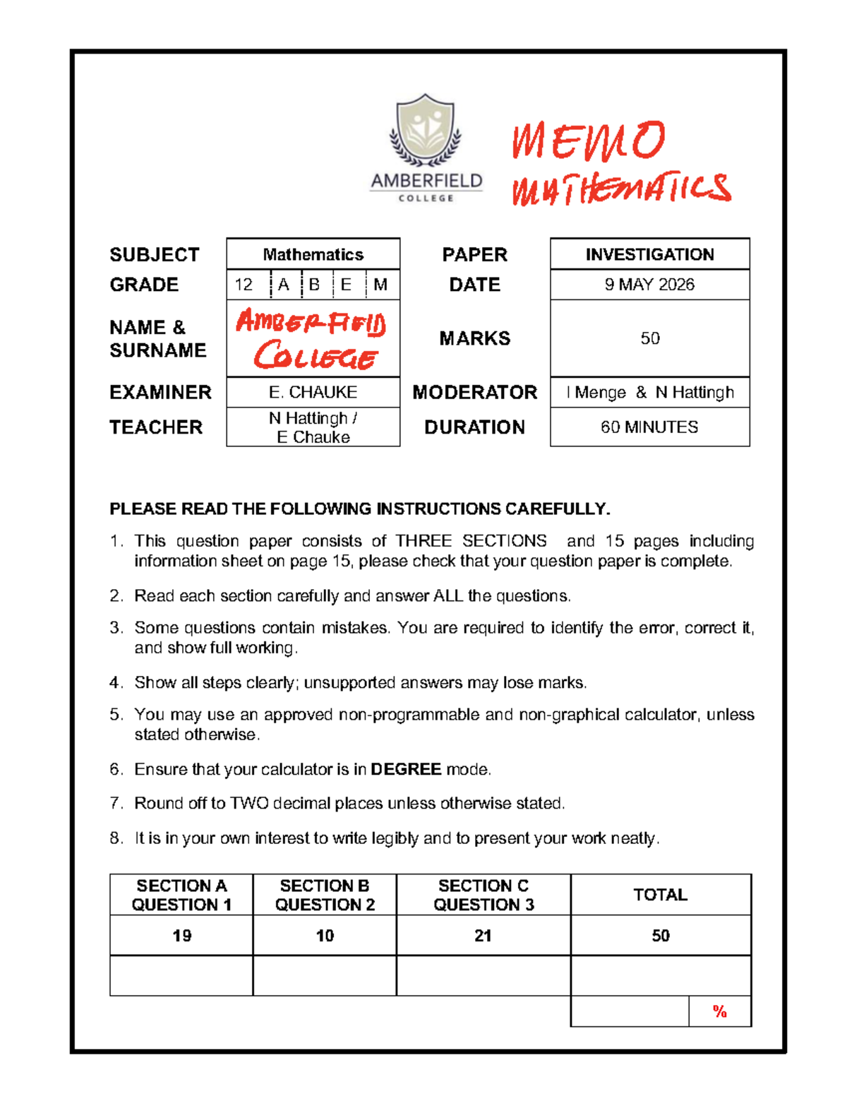Grade 12 Mathematics Investigation Paper - Amberfield College 2026 ...