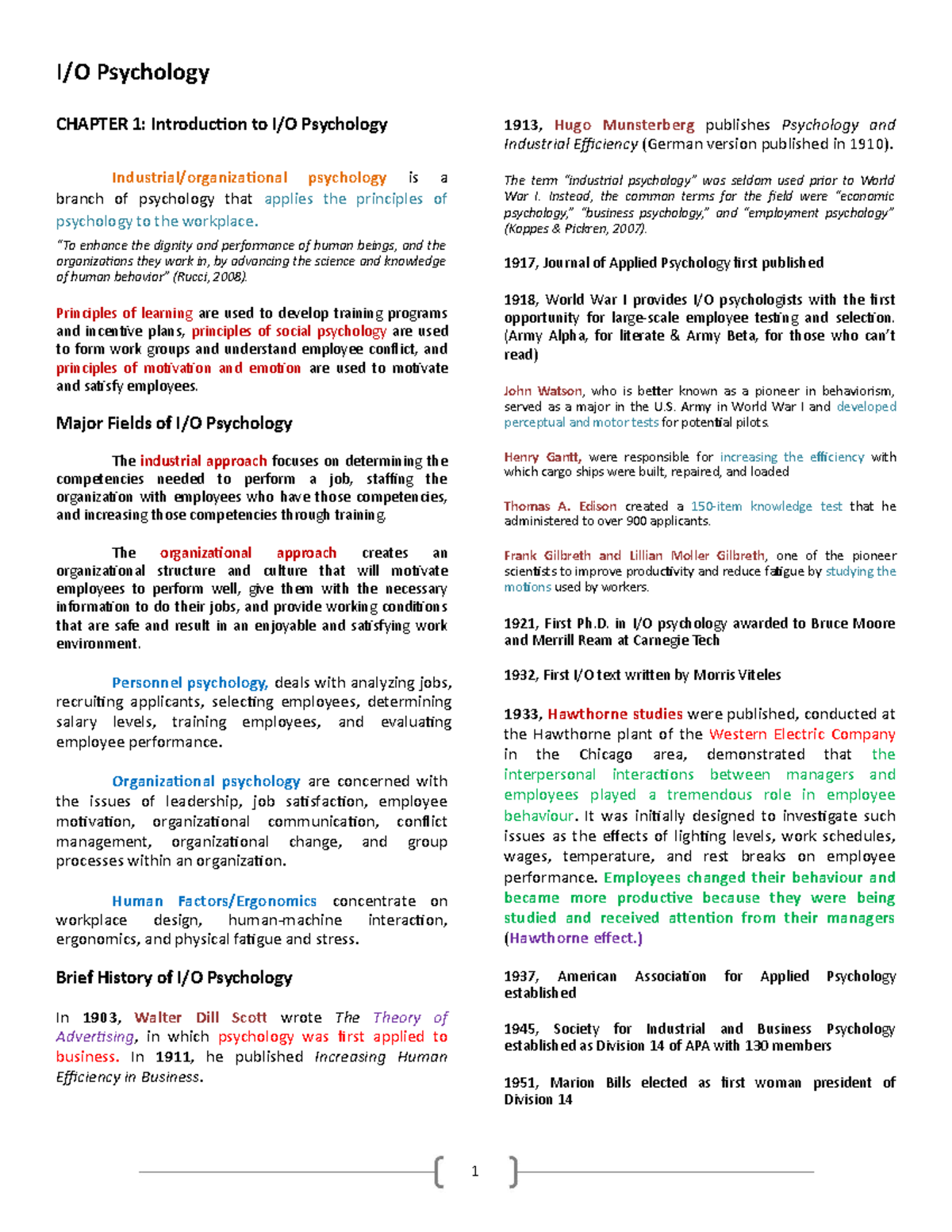 IO Psychology Chapter 1-5: Historical Foundations and Key Concepts ...