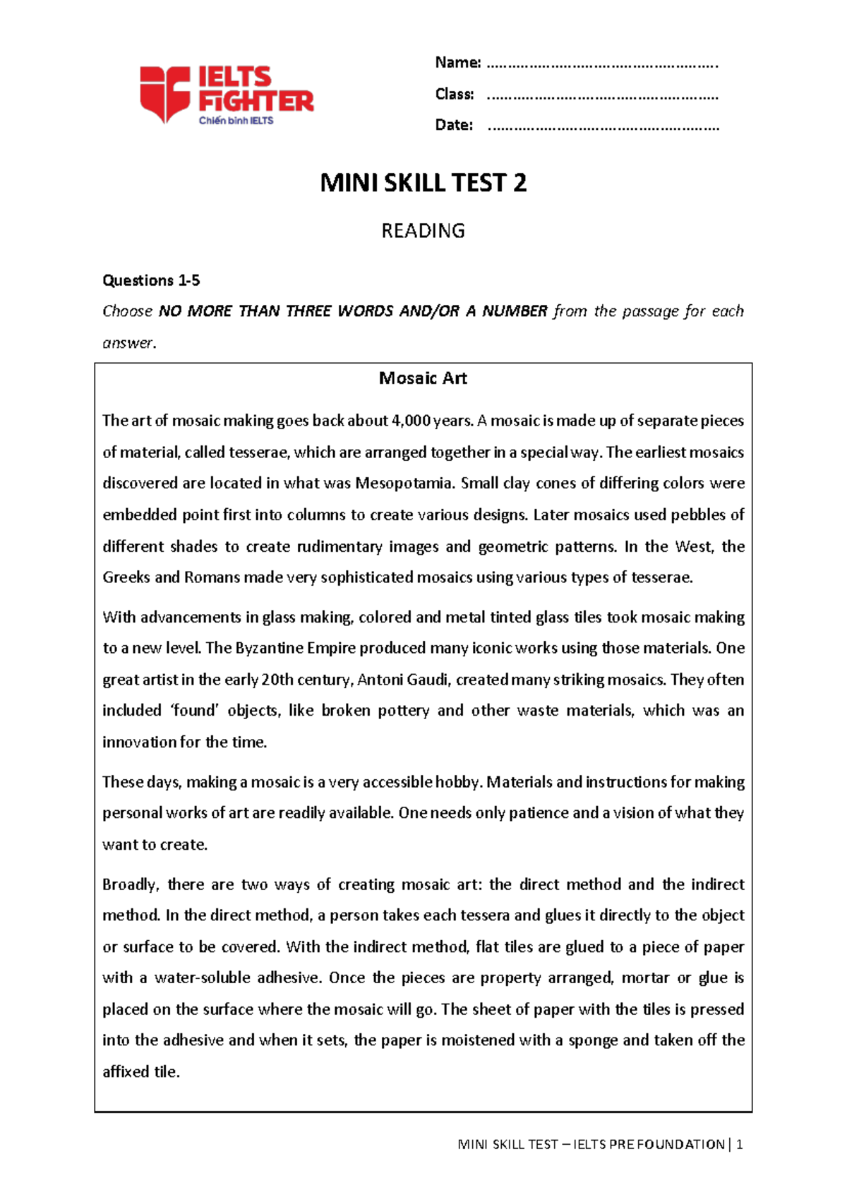 MINI SKILL TEST 2 - IELTS PRE 1 & 2 Reading Questions - Studocu