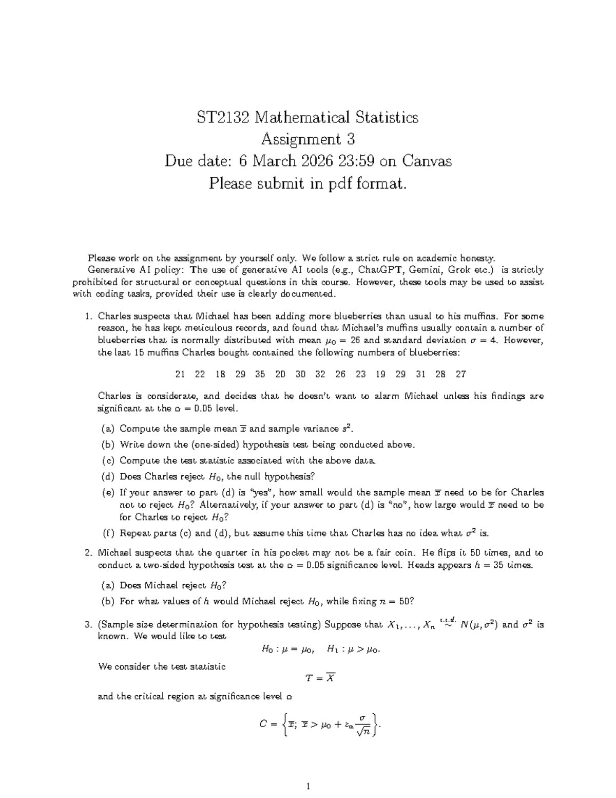 ST2132 Mathematical Statistics Assignment 3 Guidelines and Tasks - Studocu
