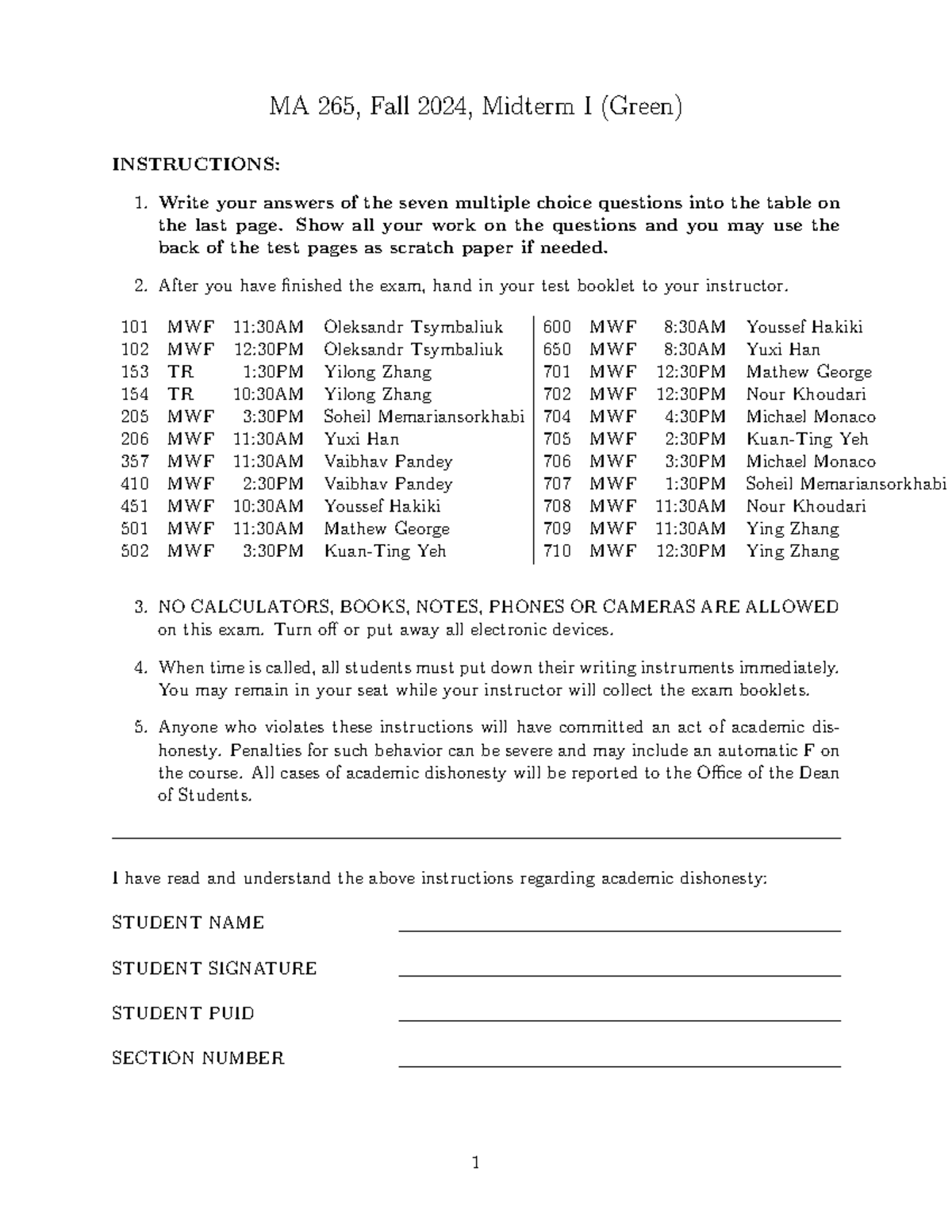 MA 265, Fall 2024, Midterm I Practice Exam Instructions - Studocu