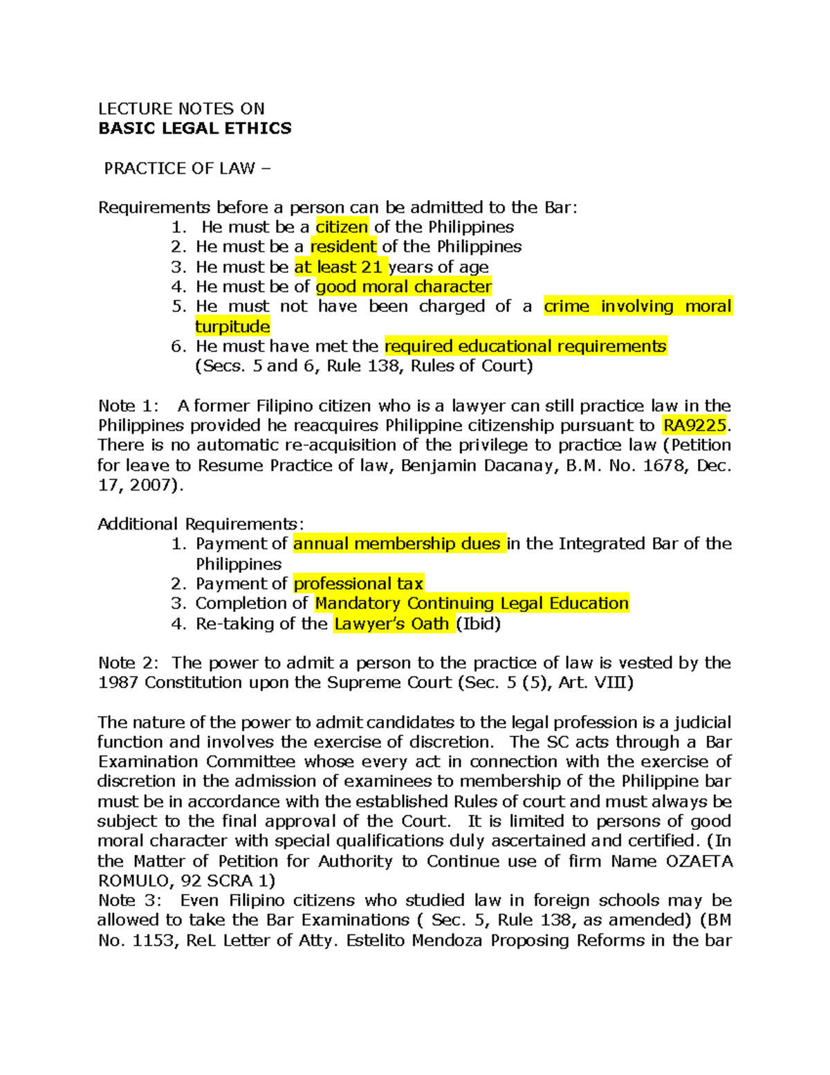 Basic Legal Ethics Notes - LECTURE NOTES ON BASIC LEGAL ETHICS PRACTICE ...