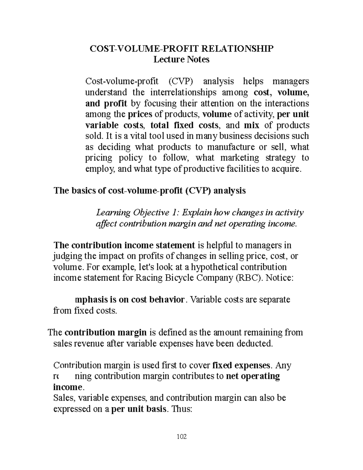 CVP Analysis Lecture Notes (CVP) for Managers on Cost-Volume-Profit ...