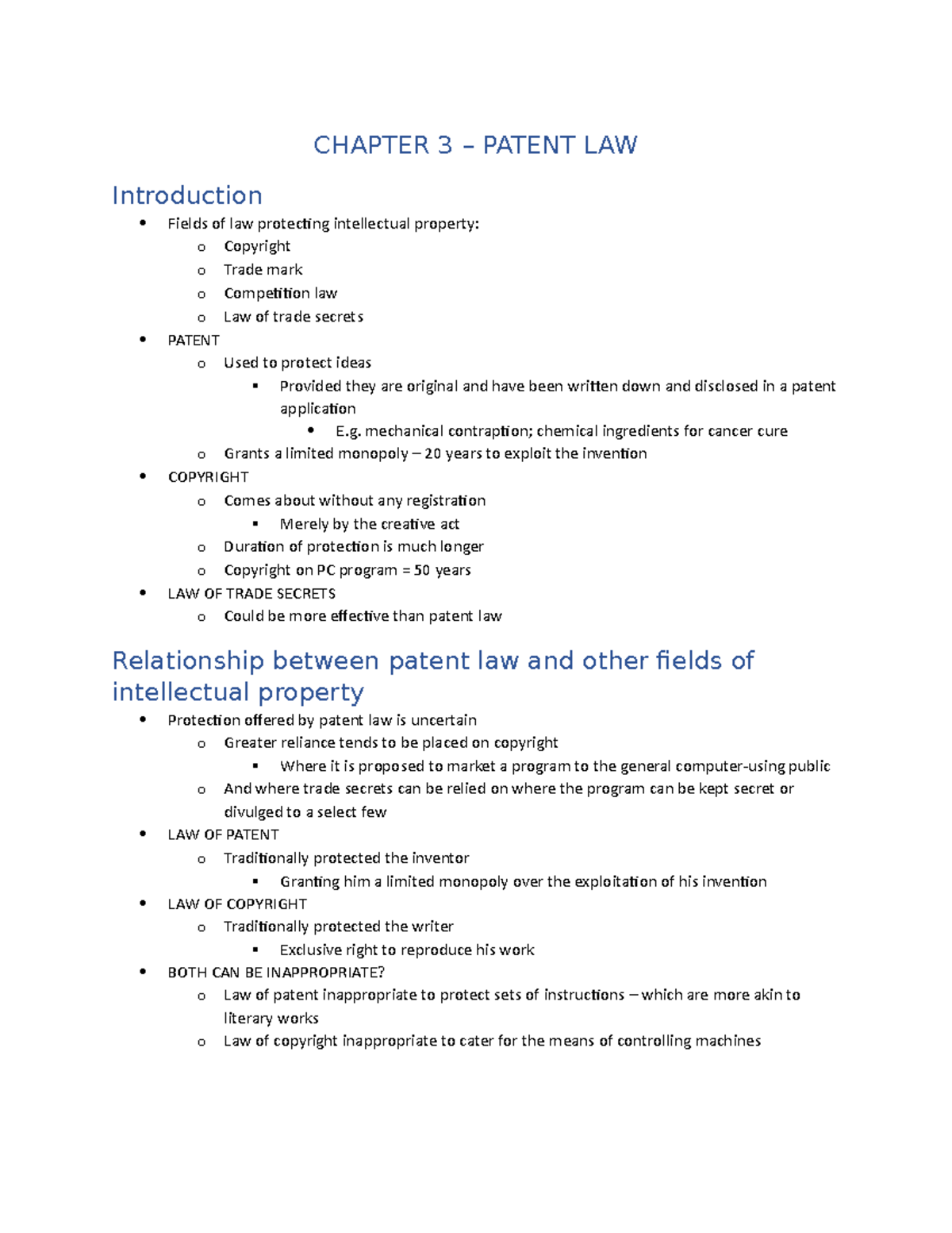 Chapter 3 - CHAPTER 3 – PATENT LAW Introduction Fields of law ...