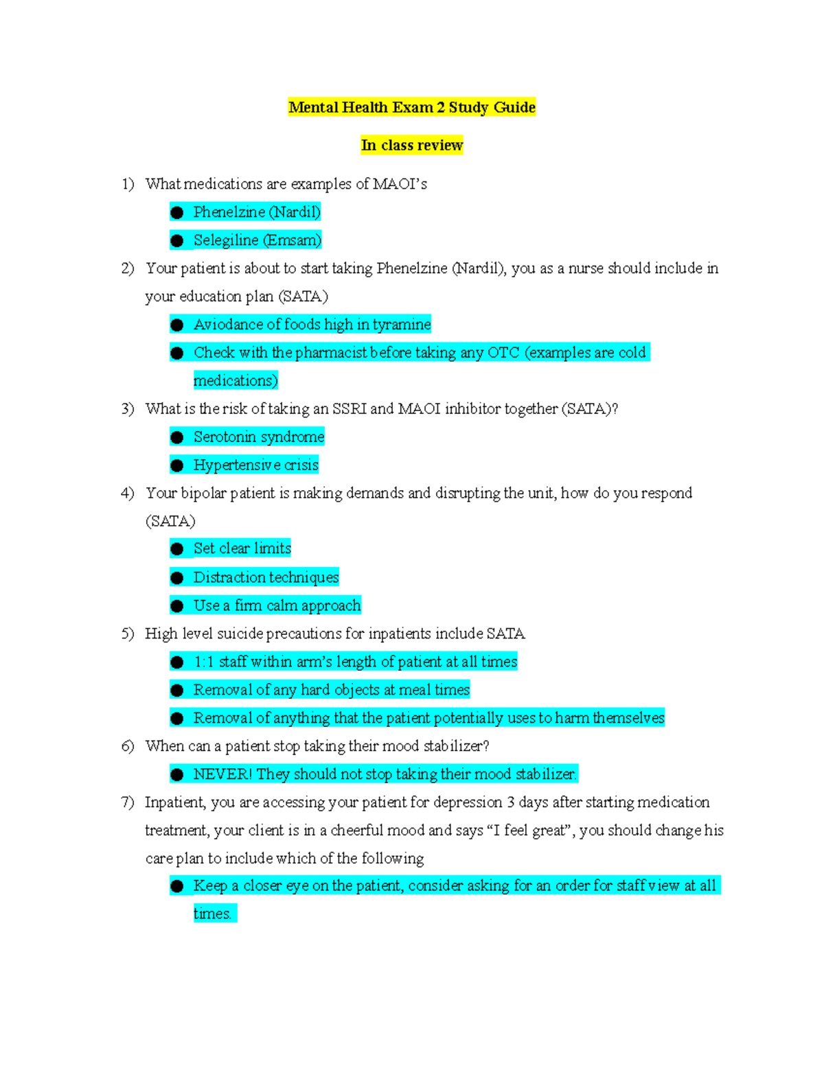 Mental Health Exam 2: Comprehensive Study Guide and Review Notes - Studocu