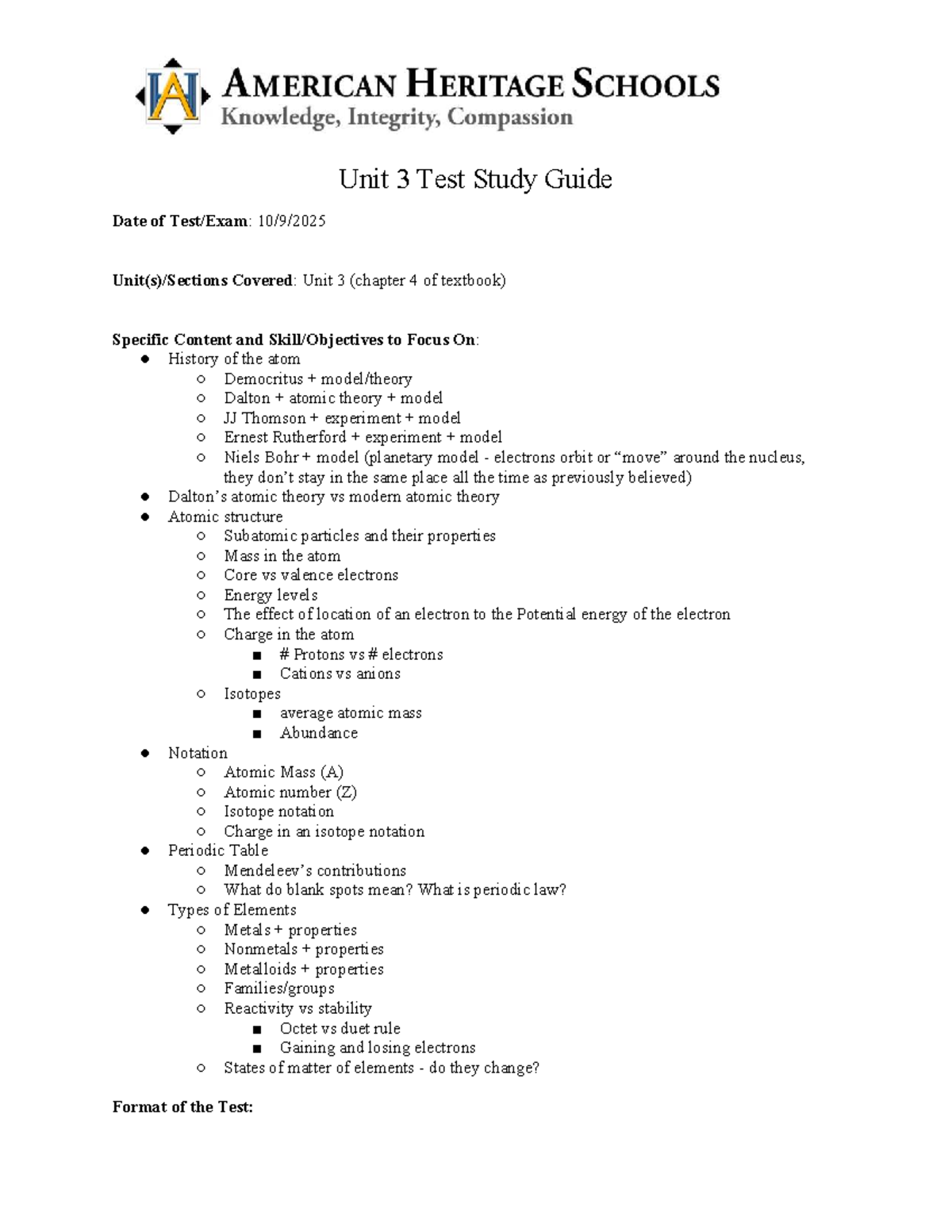 Unit 3 Test Study Guide: Atomic Structure & Theories Overview - Studocu