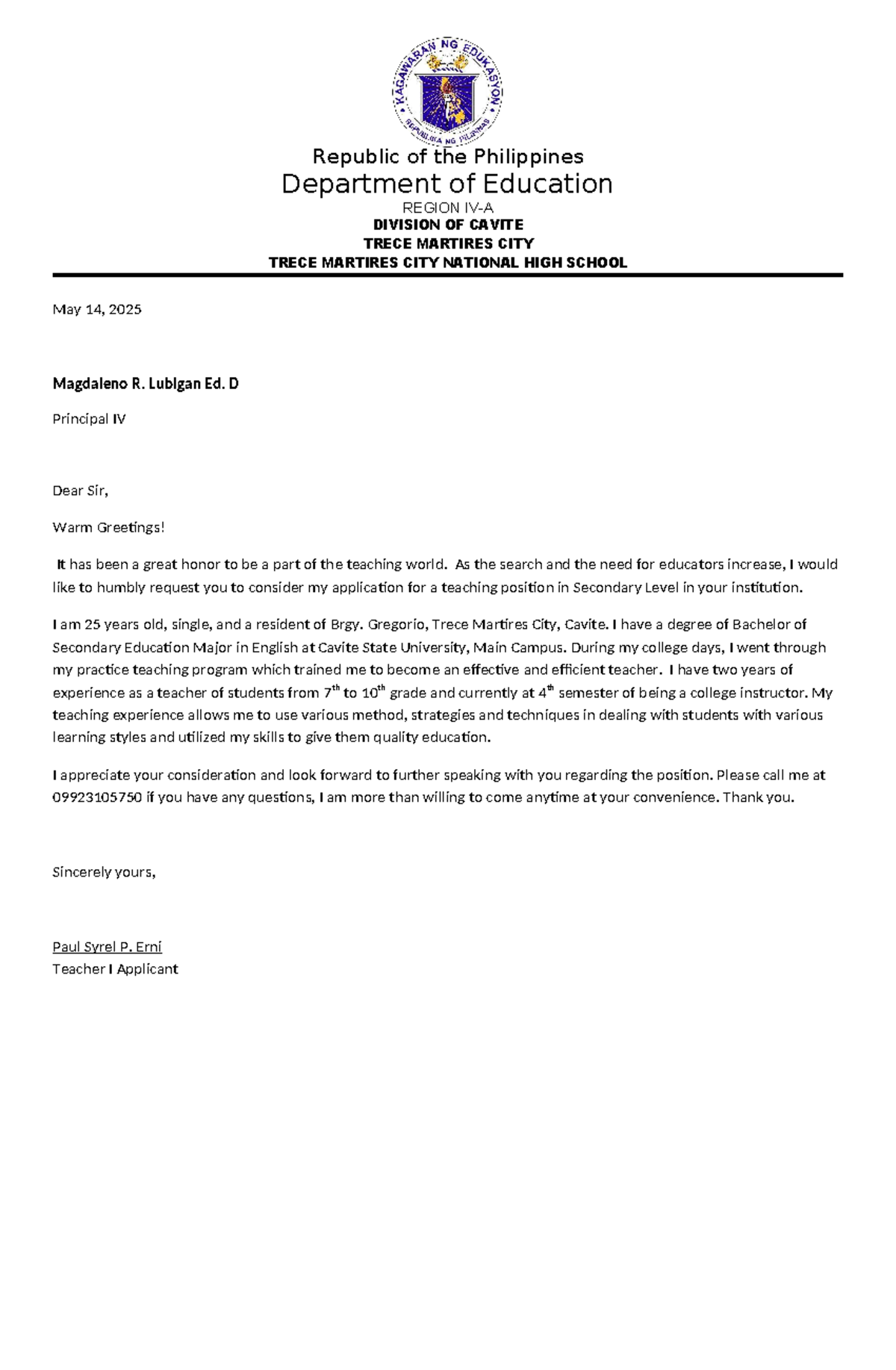 Sample Letter of Intent for Teaching Position - Ed. D Application - Studocu